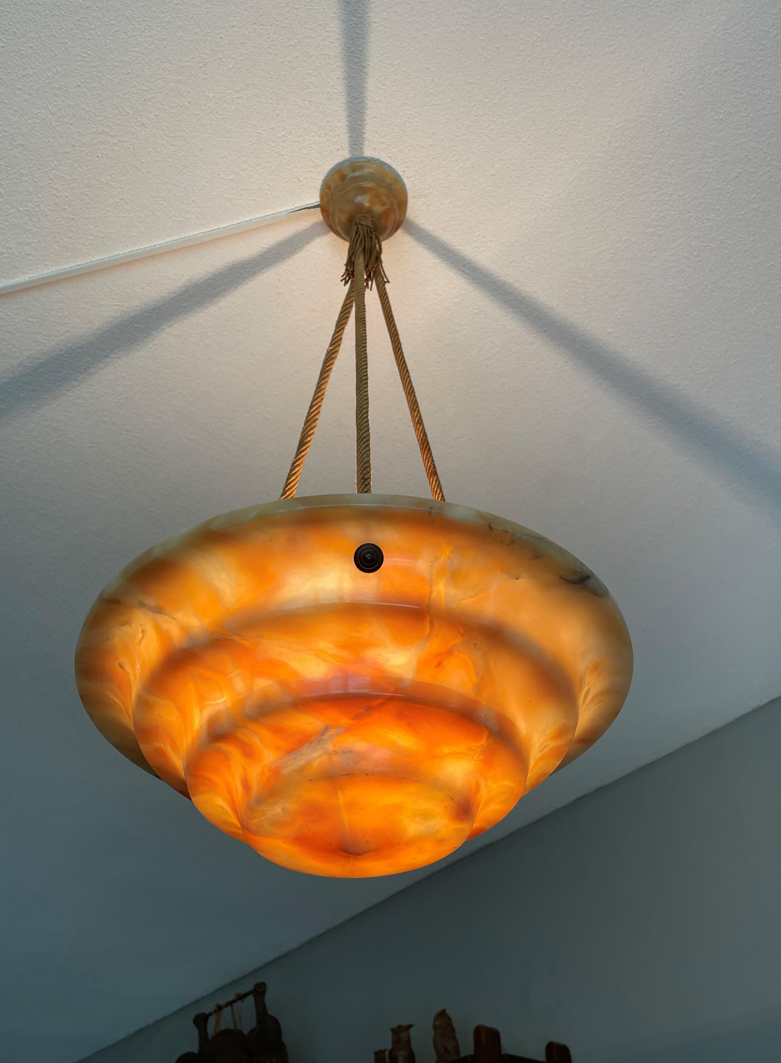 Art Deco Alabaster Pendant / Chandelier with Perfect Canopy & Dito Original Rope For Sale 1