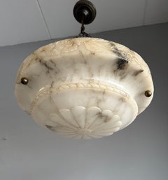 Art Deco Alabaster Pendant Light w Rose Carved Edge and Brass Chains, 17.8Ø"
