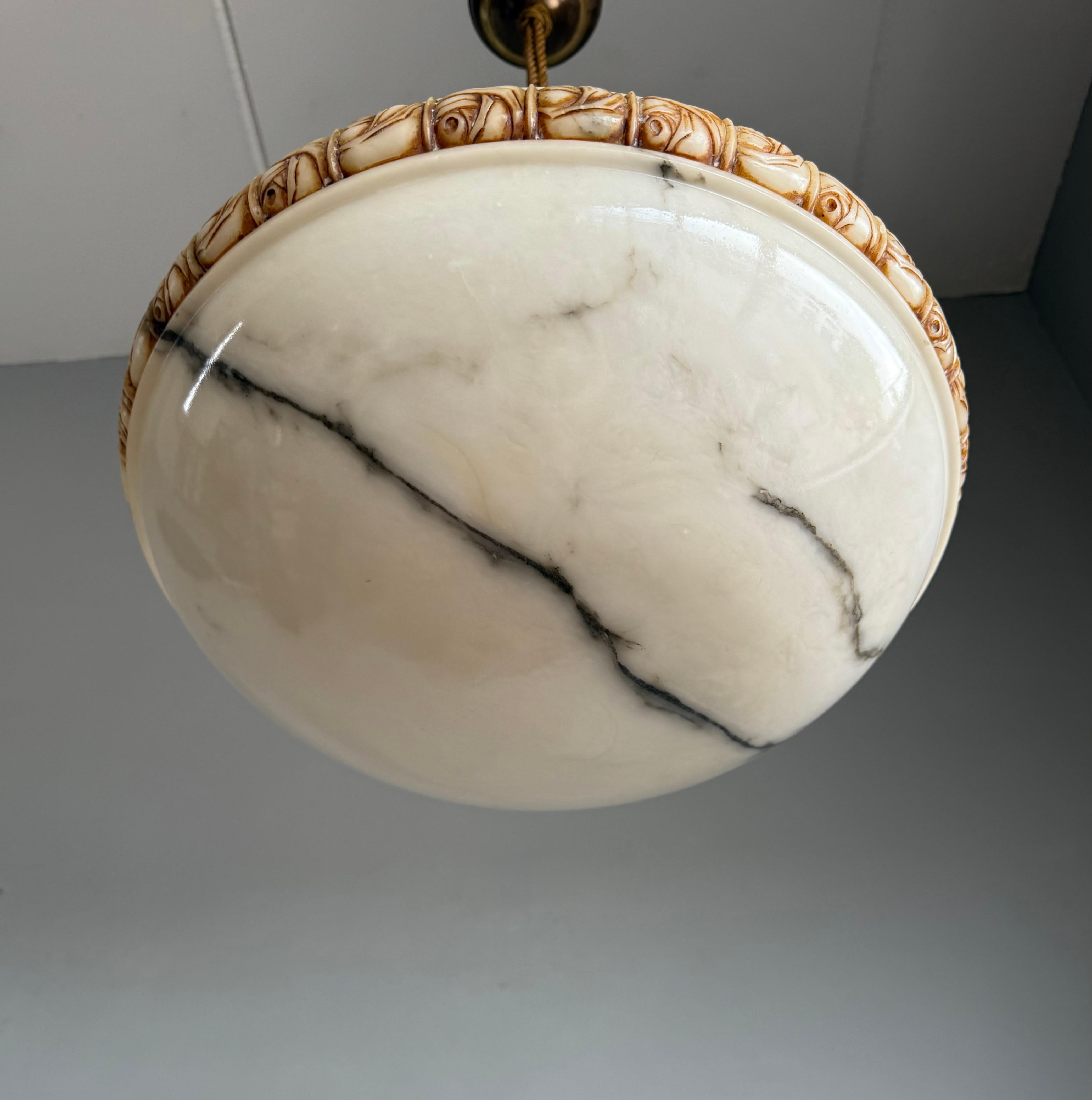 Art Deco Alabaster Pendant Light w Rose Carved Edge and Rope Suspension, 18.5Ø