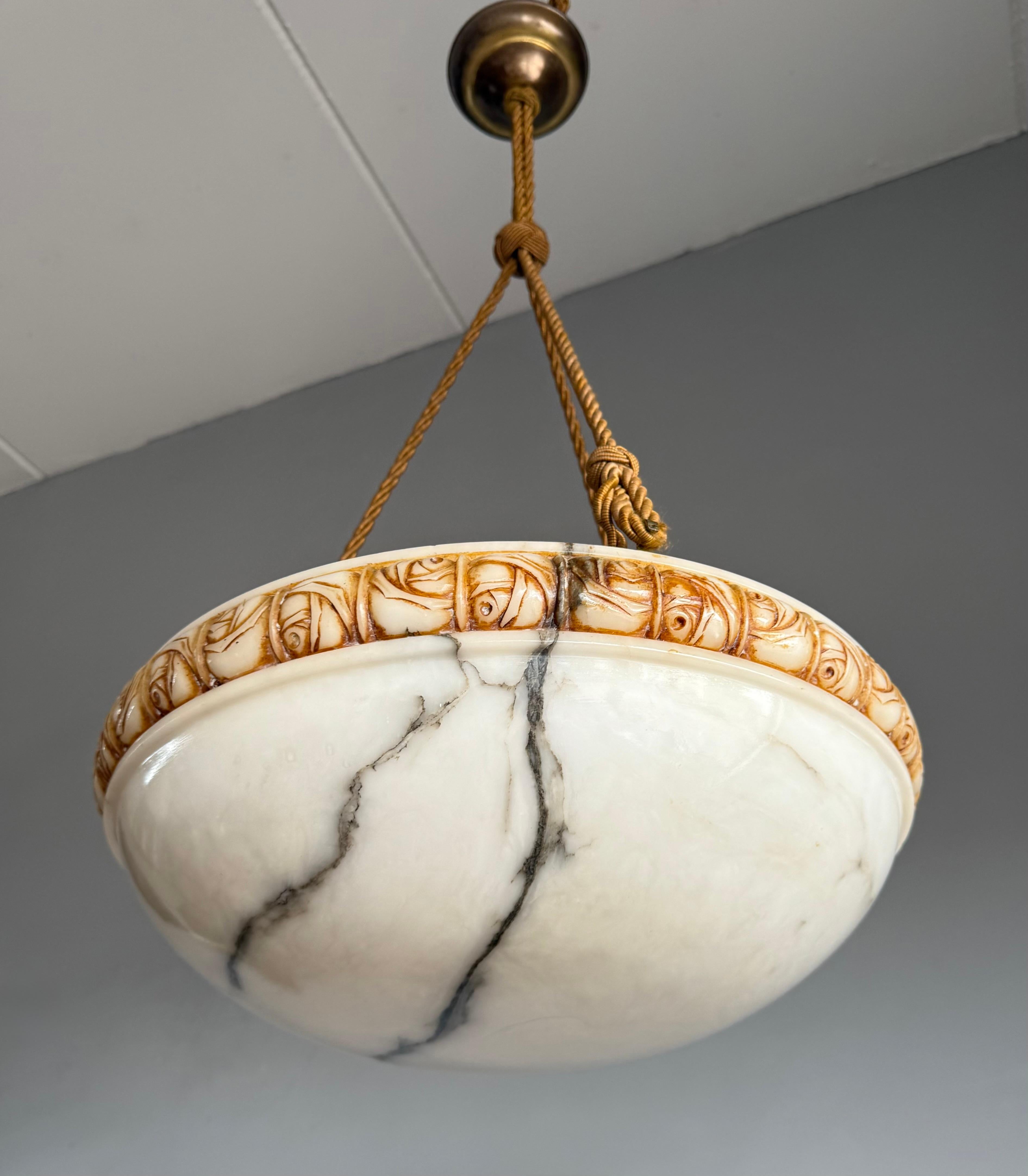Art Deco Alabaster Pendant Light w Rose Carved Edge and Rope Suspension, 18.5Ø