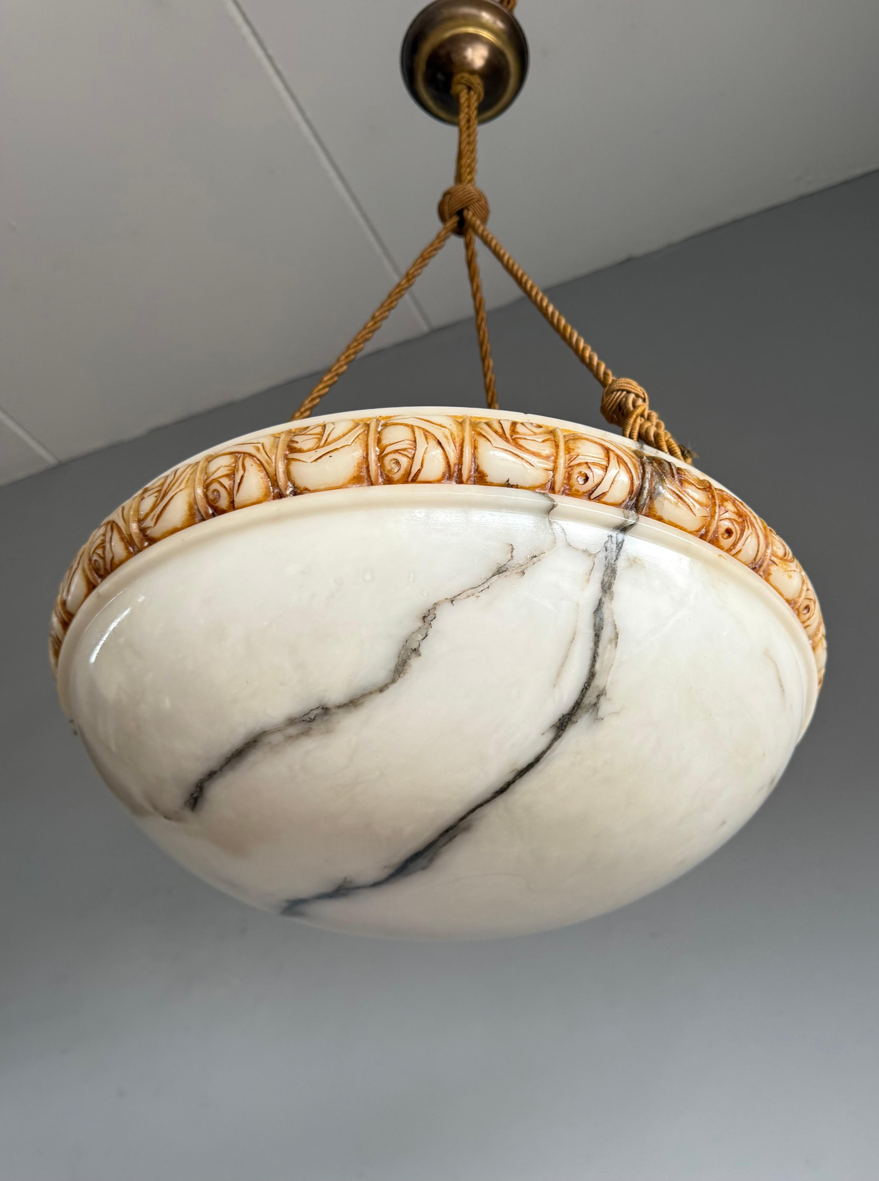 Art Deco Alabaster Pendant Light w Rose Carved Edge and Rope Suspension, 18.5Ø