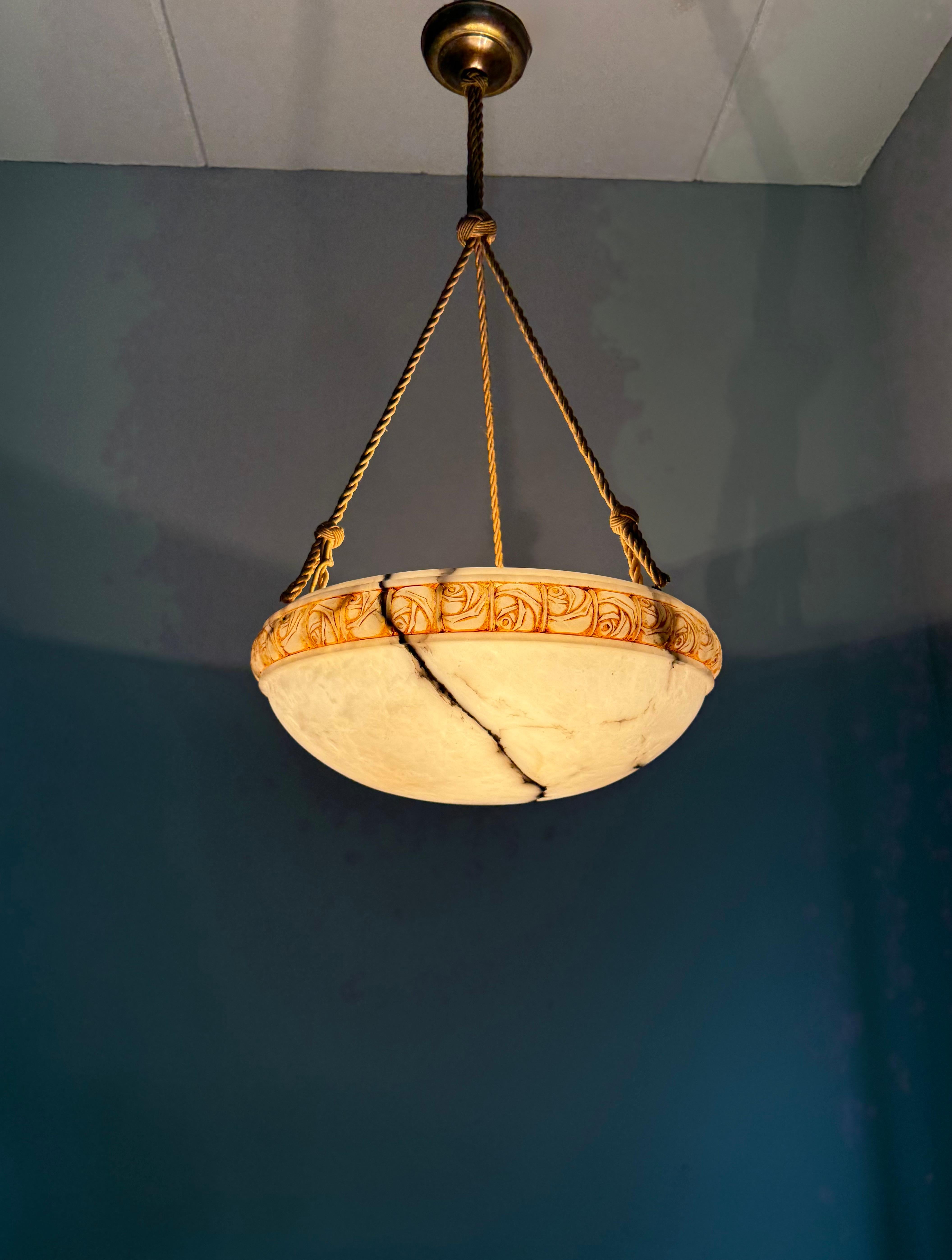 Art Deco Alabaster Pendant Light w Rose Carved Edge and Rope Suspension, 18.5Ø