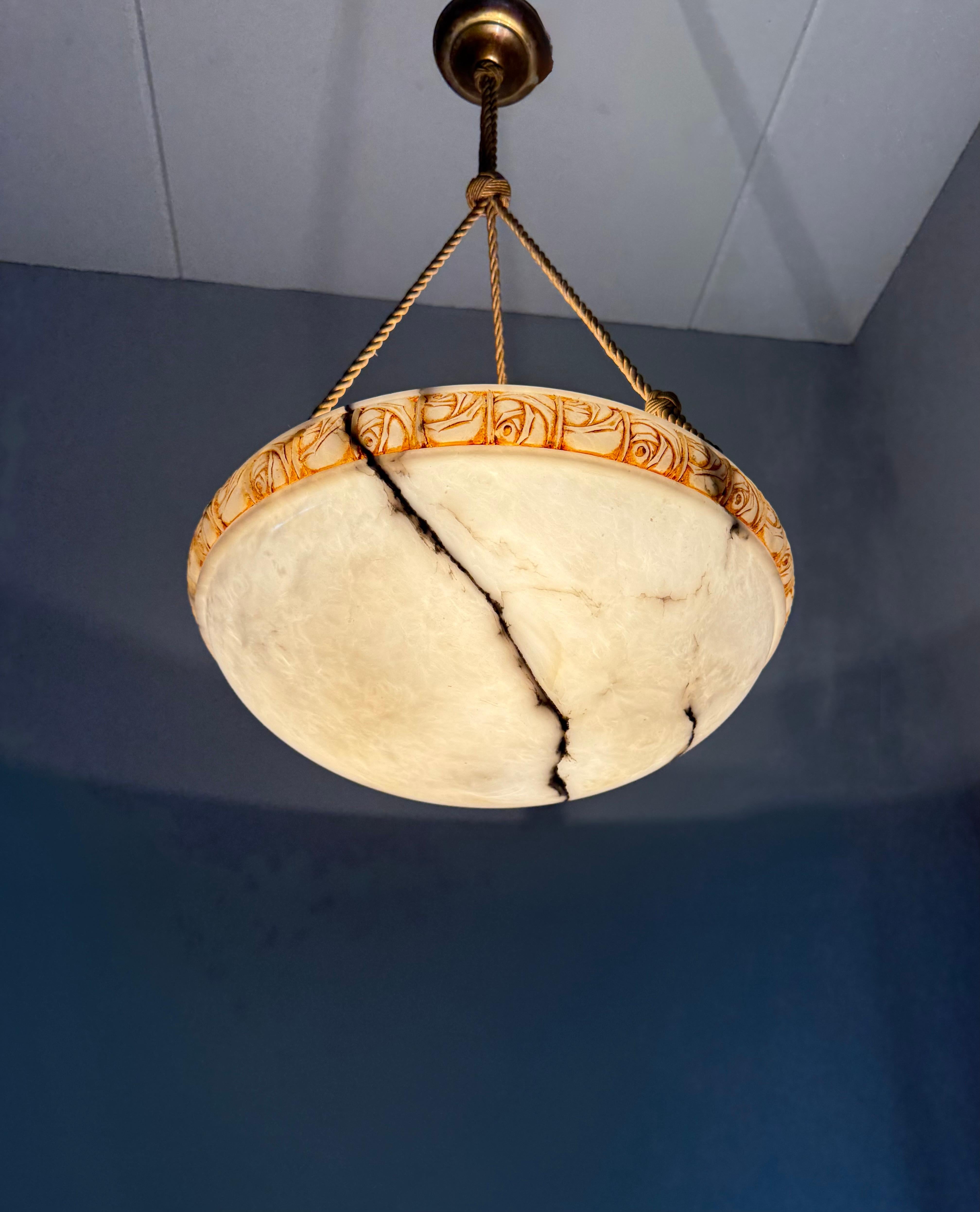 Art Deco Alabaster Pendant Light w Rose Carved Edge and Rope Suspension, 18.5Ø