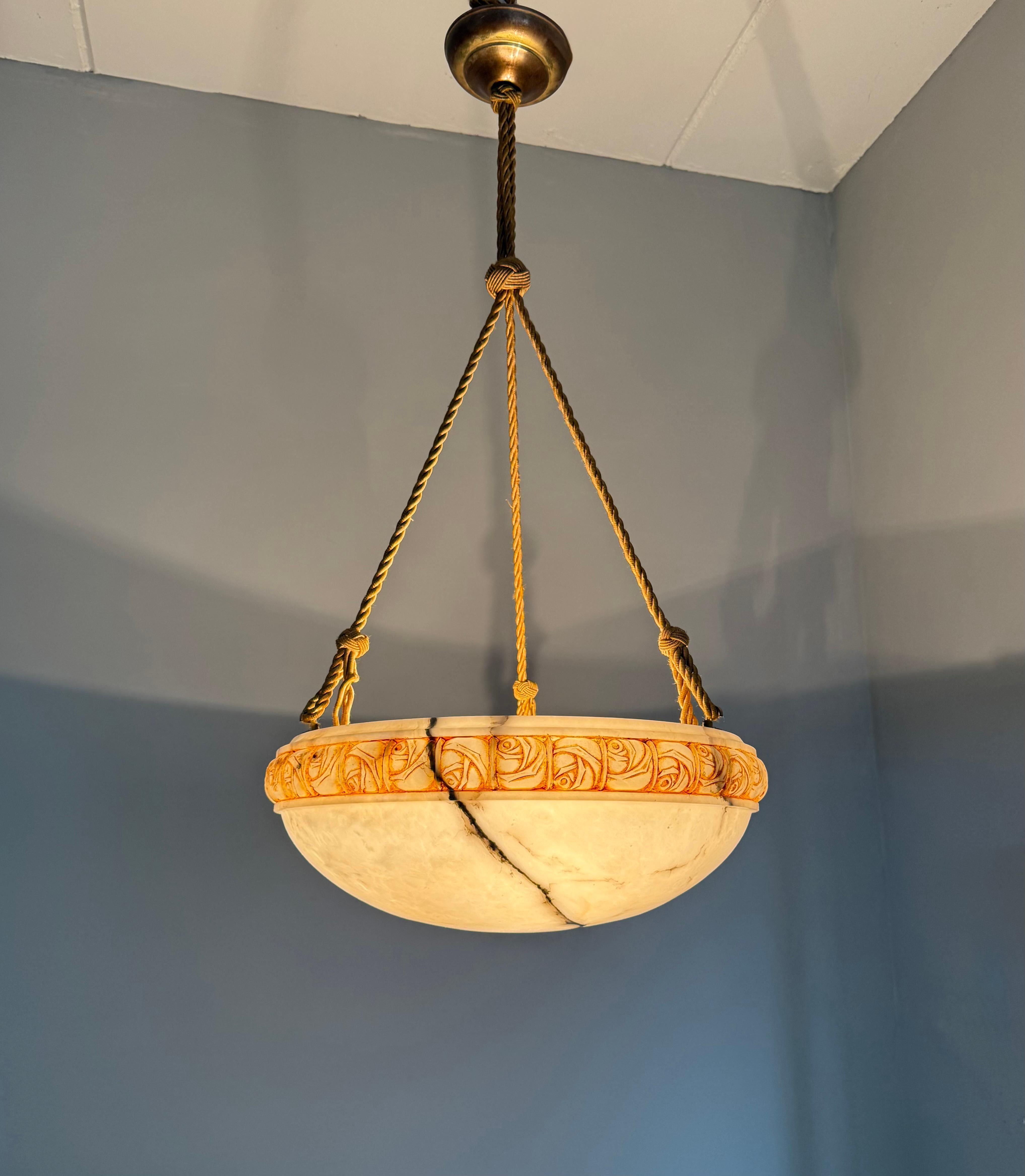 Art Deco Alabaster Pendant Light w Rose Carved Edge and Rope Suspension, 18.5Ø