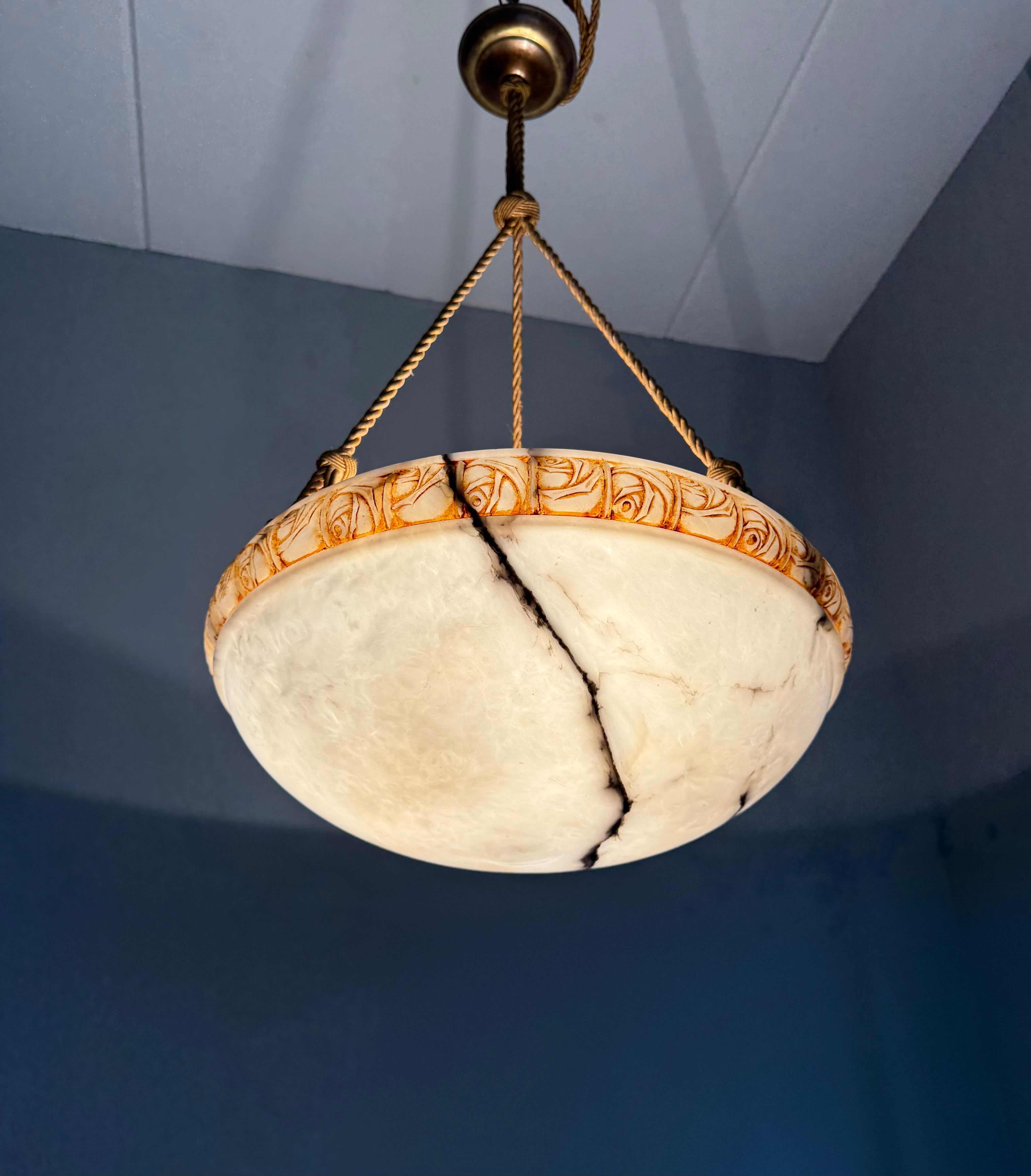 Art Deco Alabaster Pendant Light w Rose Carved Edge and Rope Suspension, 18.5Ø