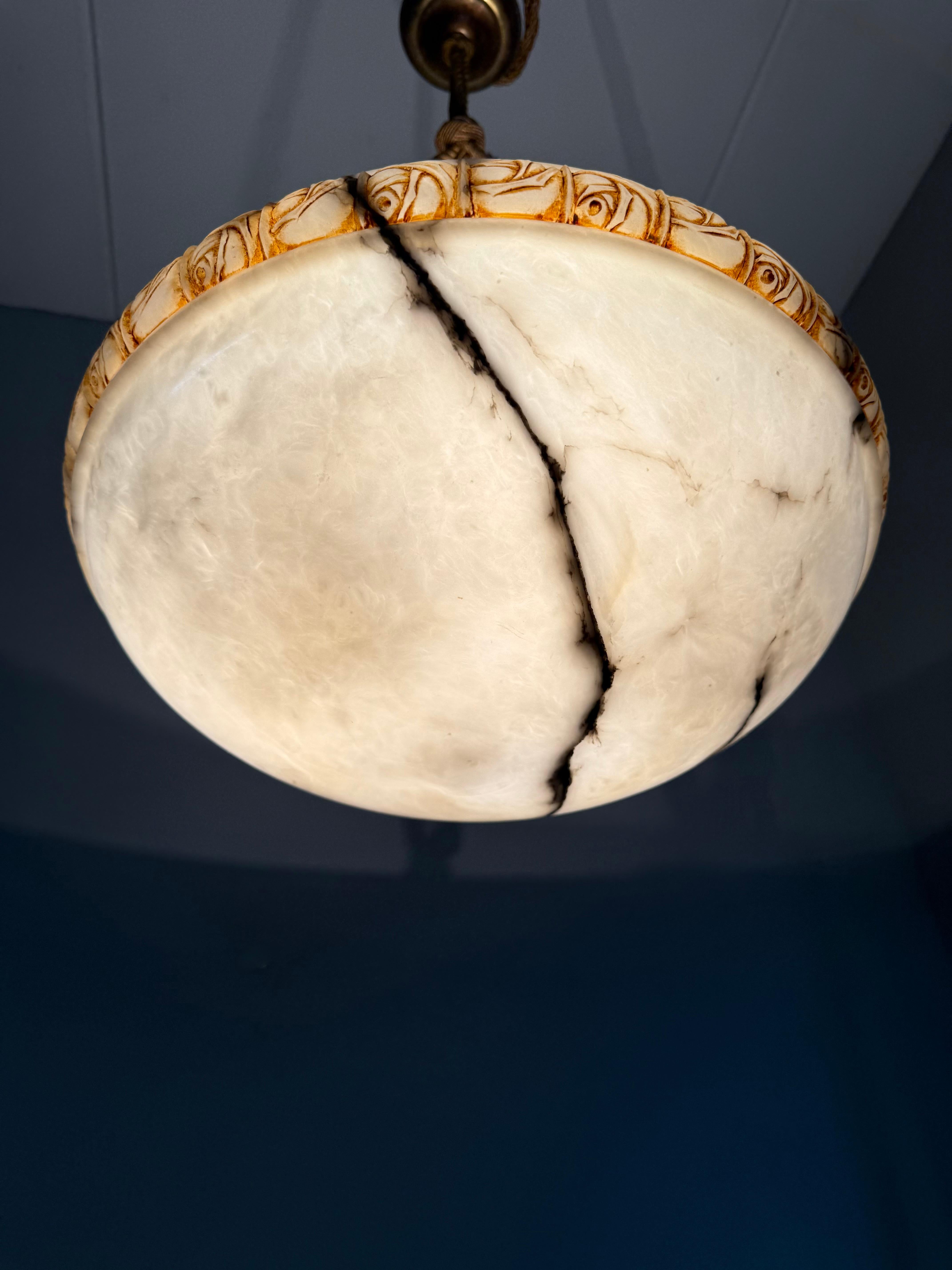 Art Deco Alabaster Pendant Light w Rose Carved Edge and Rope Suspension, 18.5Ø