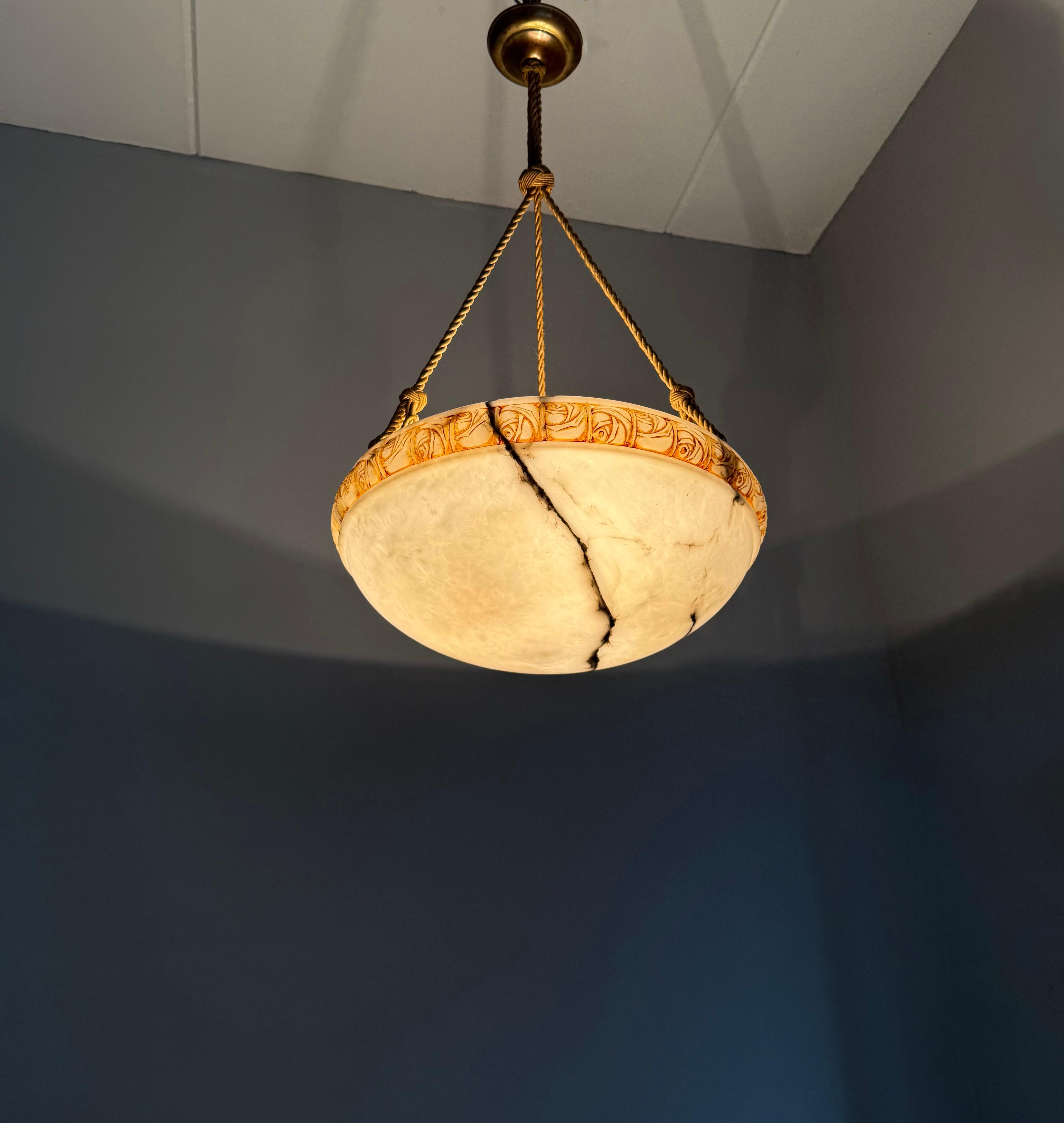 Art Deco Alabaster Pendant Light w Rose Carved Edge and Rope Suspension, 18.5Ø