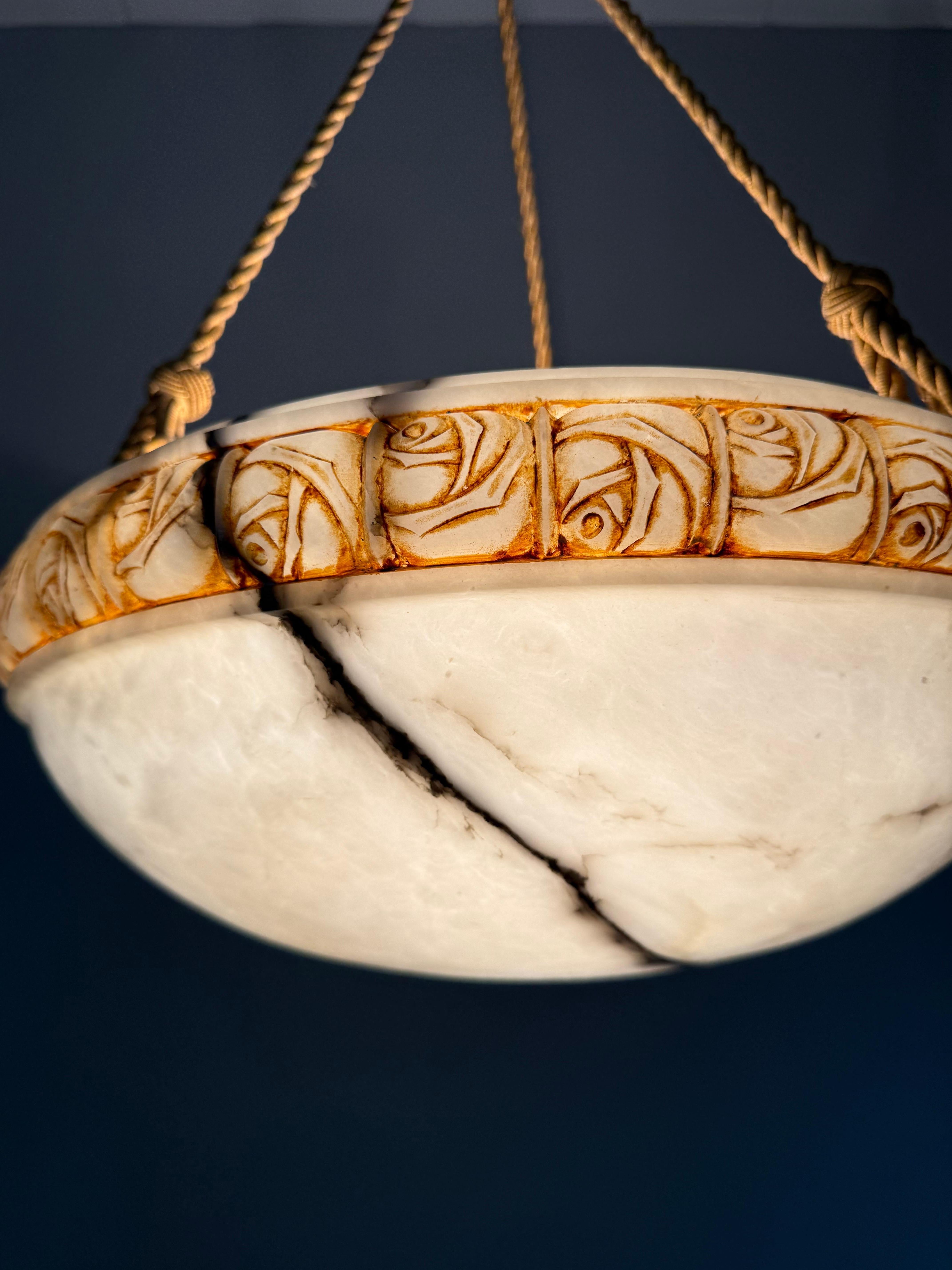 Art Deco Alabaster Pendant Light w Rose Carved Edge and Rope Suspension, 18.5Ø