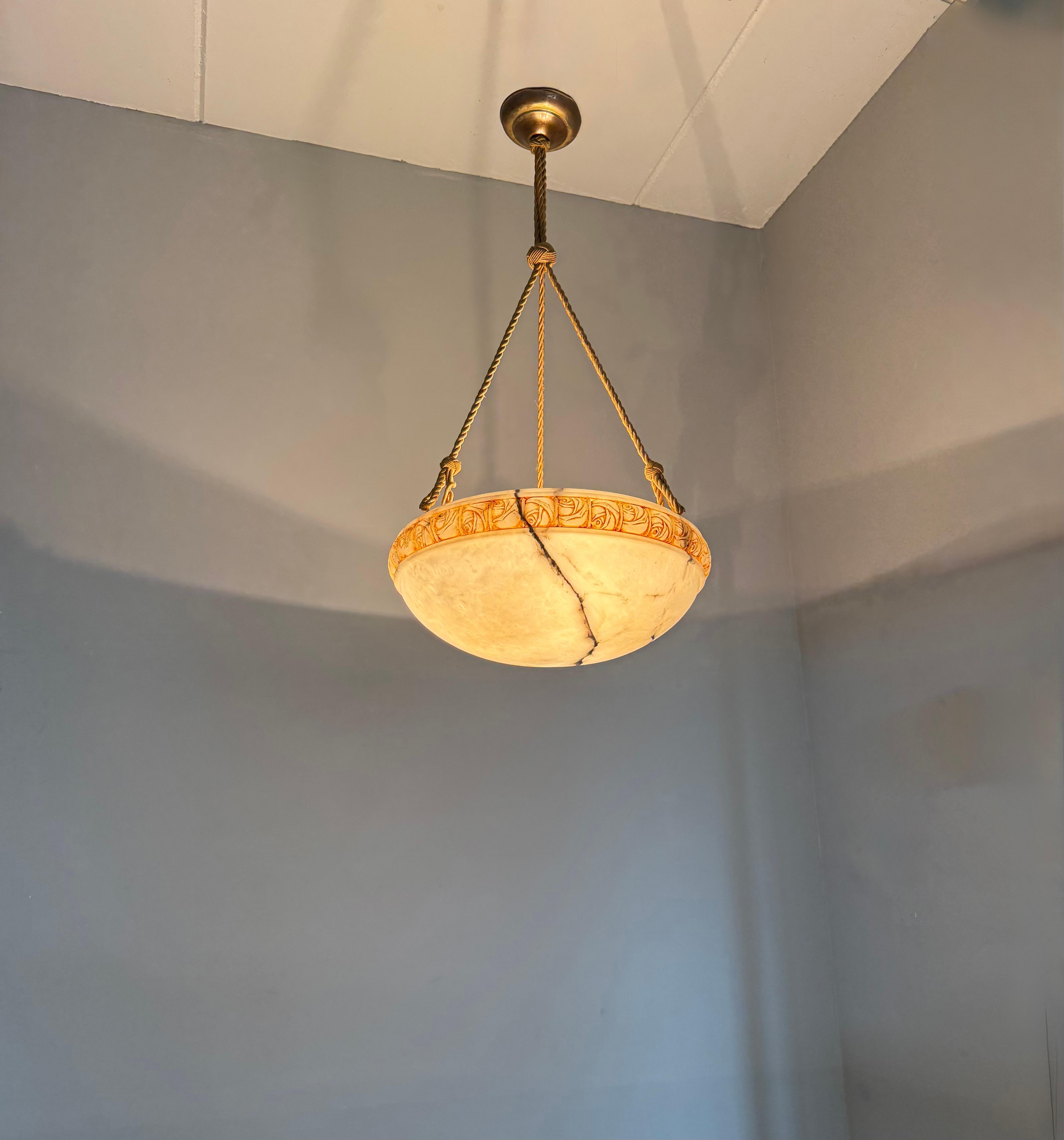 Art Deco Alabaster Pendant Light w Rose Carved Edge and Rope Suspension, 18.5Ø