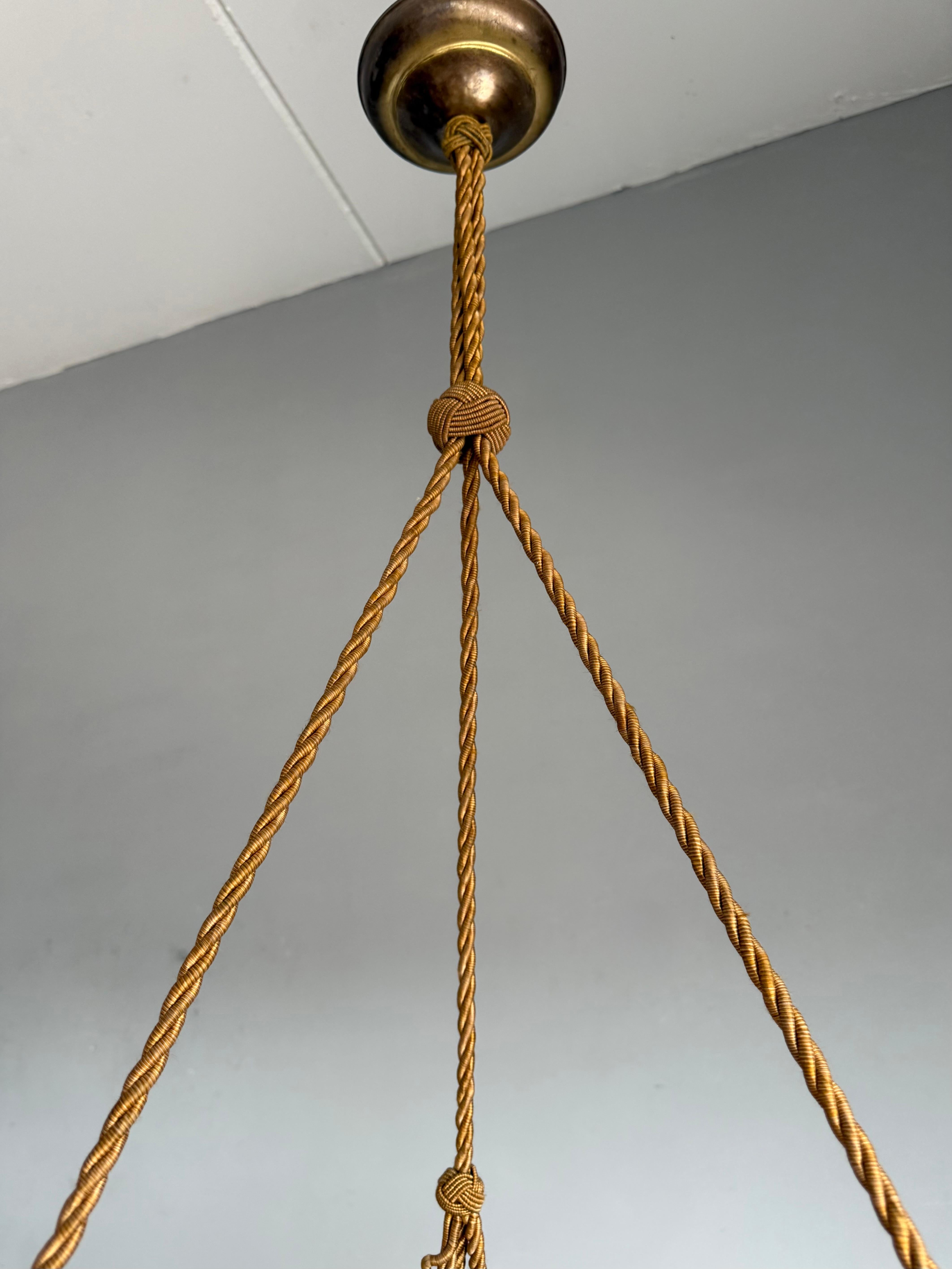 Hand-Carved Art Deco Alabaster Pendant Light w Rose Carved Edge and Rope Suspension, 18.5Ø