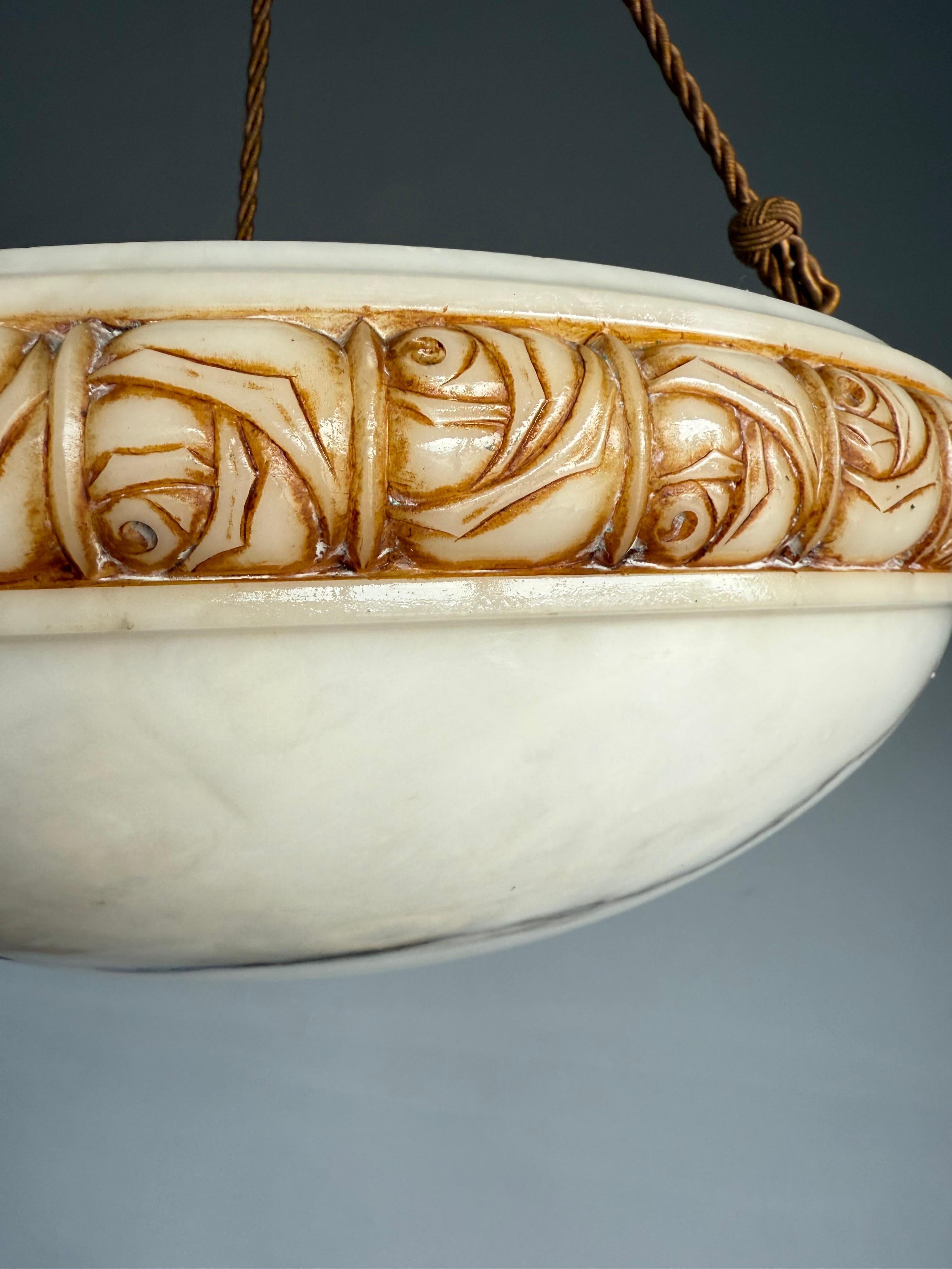 Art Deco Alabaster Pendant Light w Rose Carved Edge and Rope Suspension, 18.5Ø