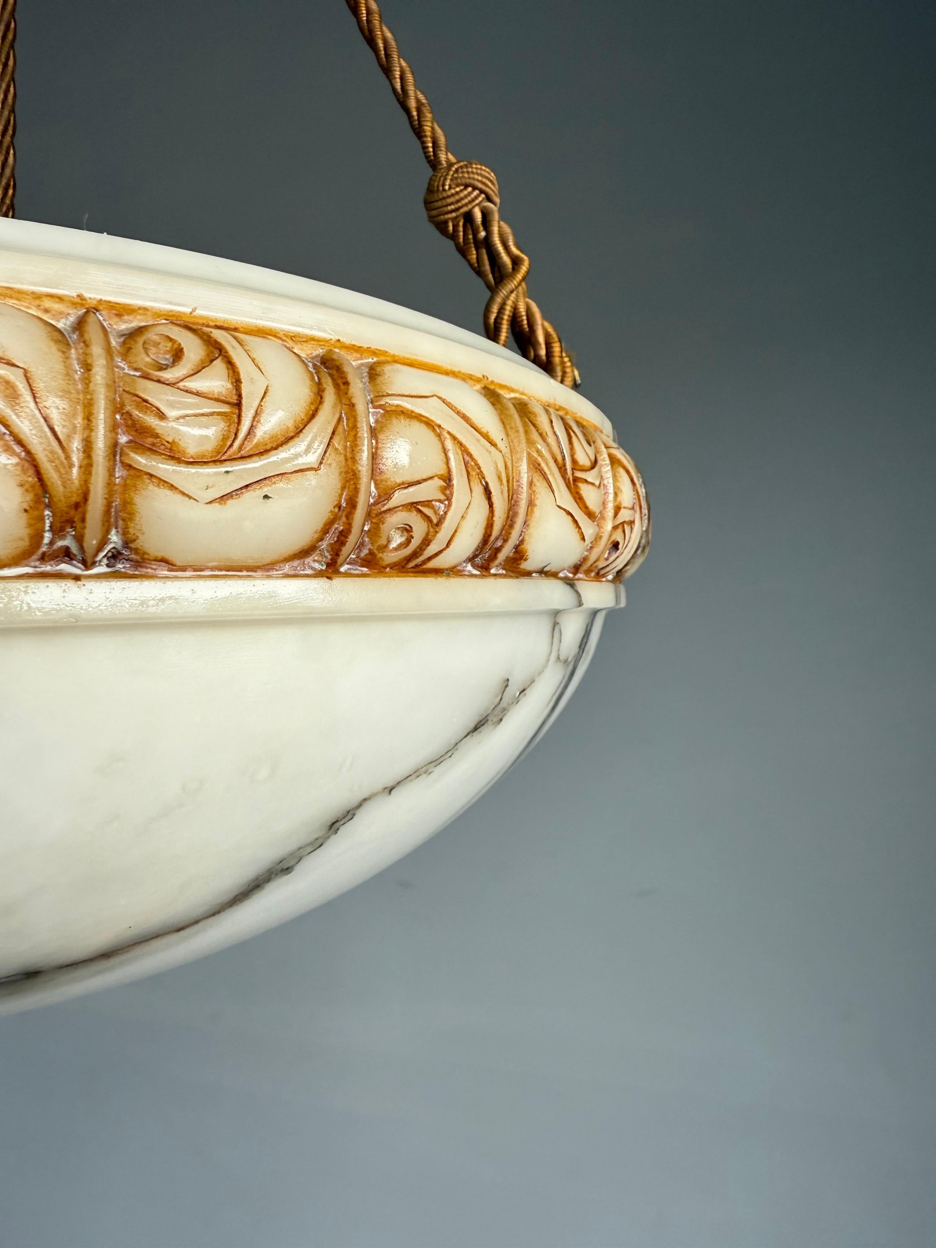 20th Century Art Deco Alabaster Pendant Light w Rose Carved Edge and Rope Suspension, 18.5Ø
