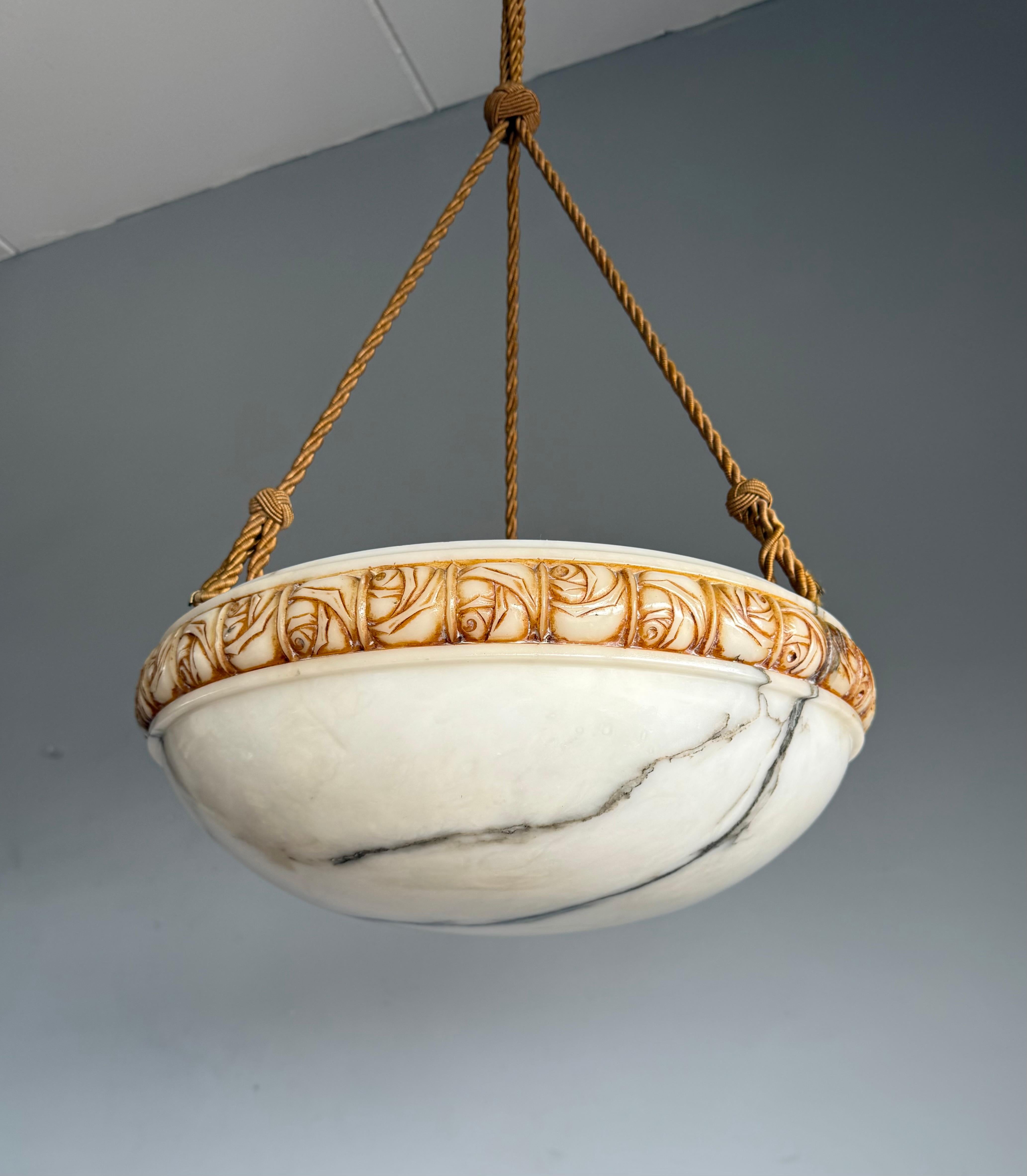 Brass Art Deco Alabaster Pendant Light w Rose Carved Edge and Rope Suspension, 18.5Ø