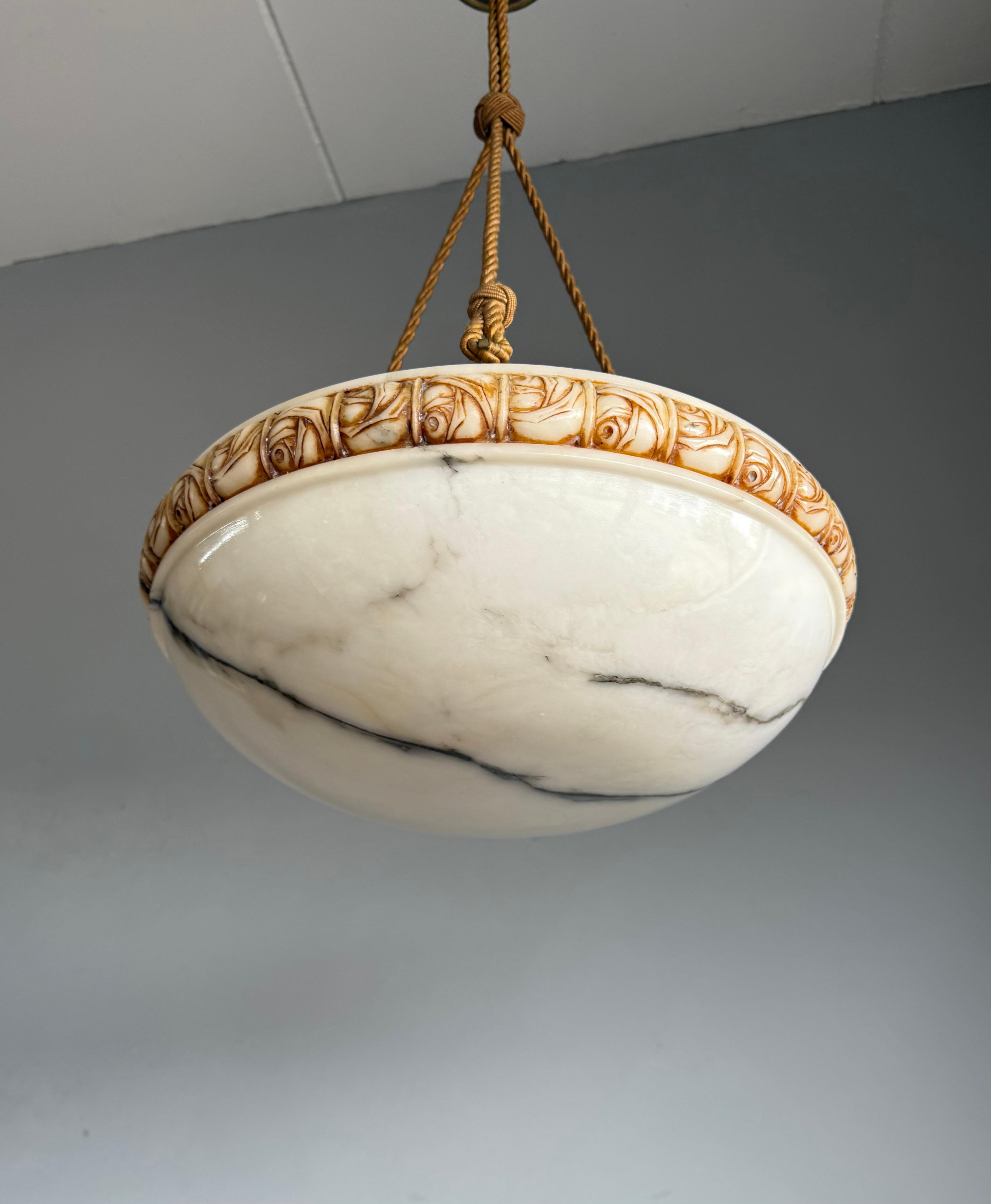 Art Deco Alabaster Pendant Light w Rose Carved Edge and Rope Suspension, 18.5Ø