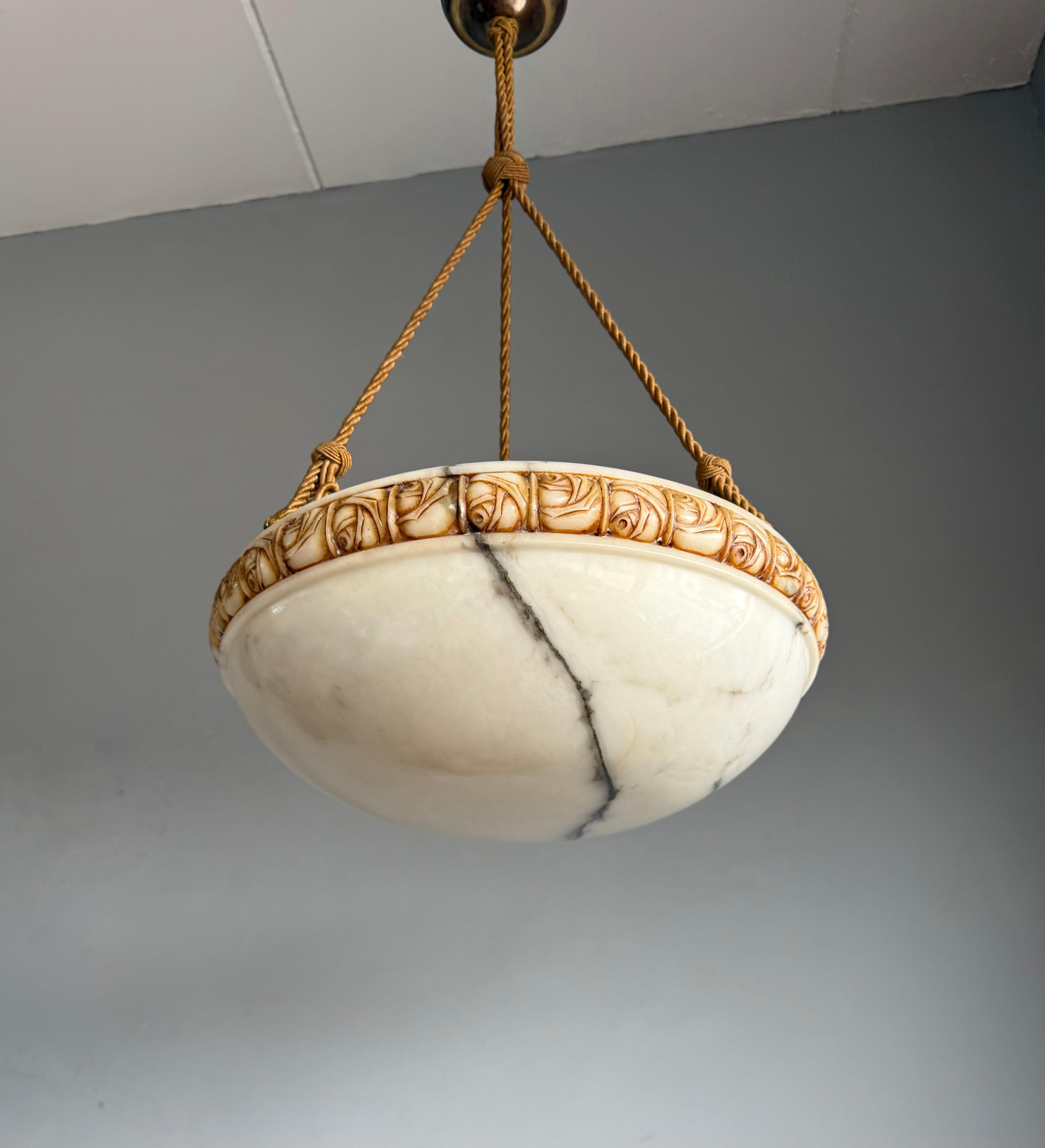 Art Deco Alabaster Pendant Light w Rose Carved Edge and Rope Suspension, 18.5Ø