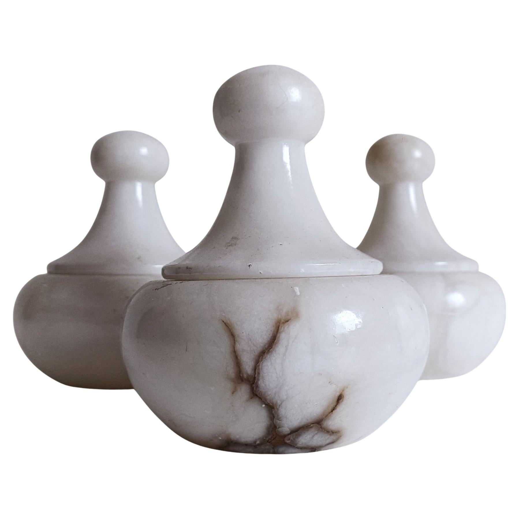 Art Deco White Alabaster Set of Three Lidded Urns, Handmade in Spain, 1930s