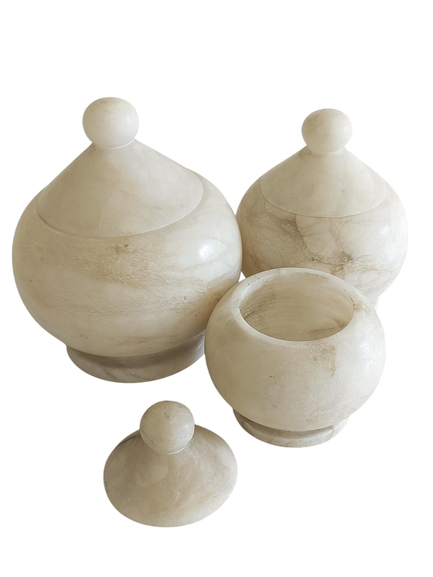 Art Deco Alabaster Set of Three Urns, Handmade in Spain ci. the 1930s 6