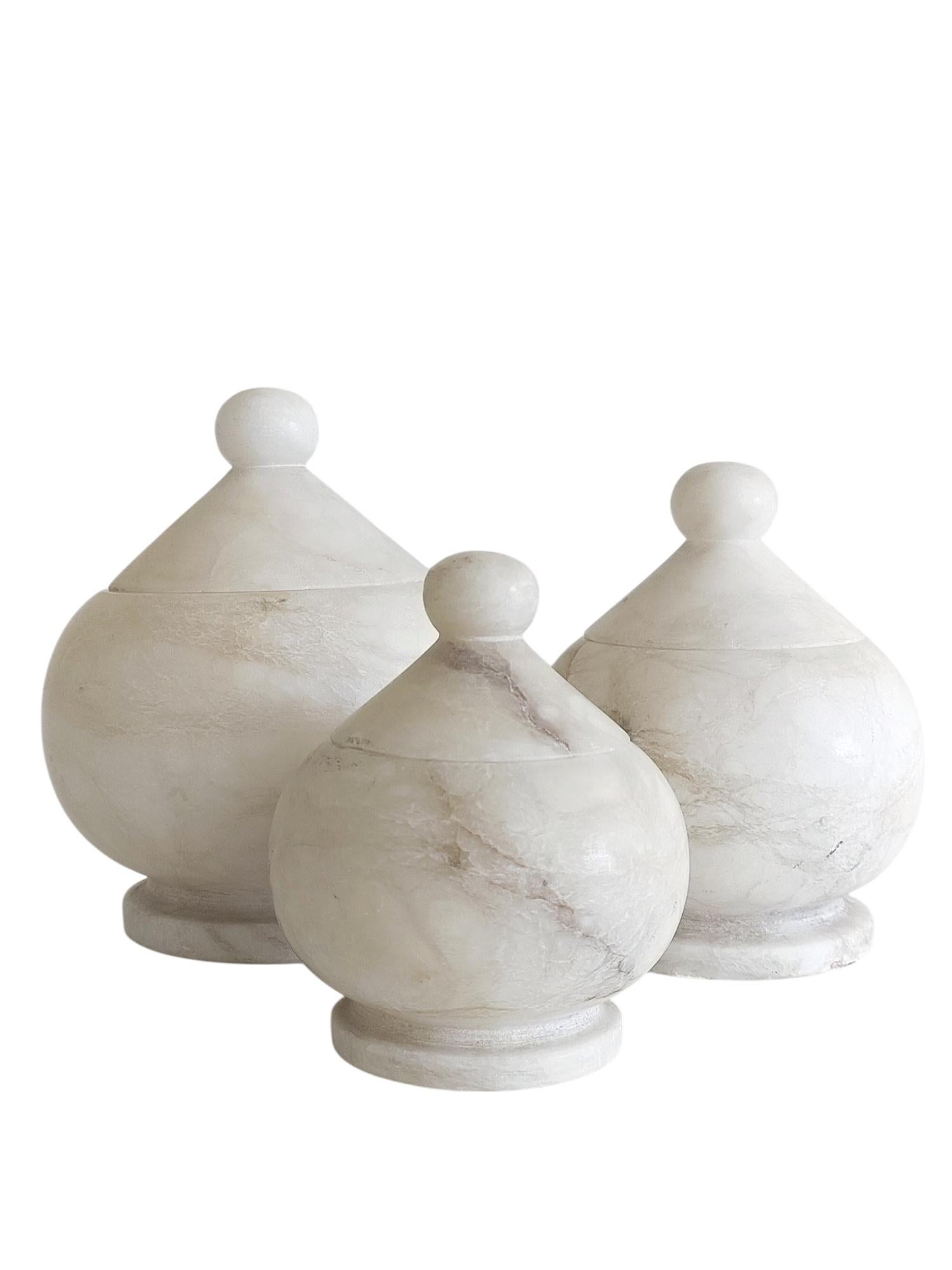Art Deco Alabaster Set of Three Urns, Handmade in Spain ci. the 1930s 7