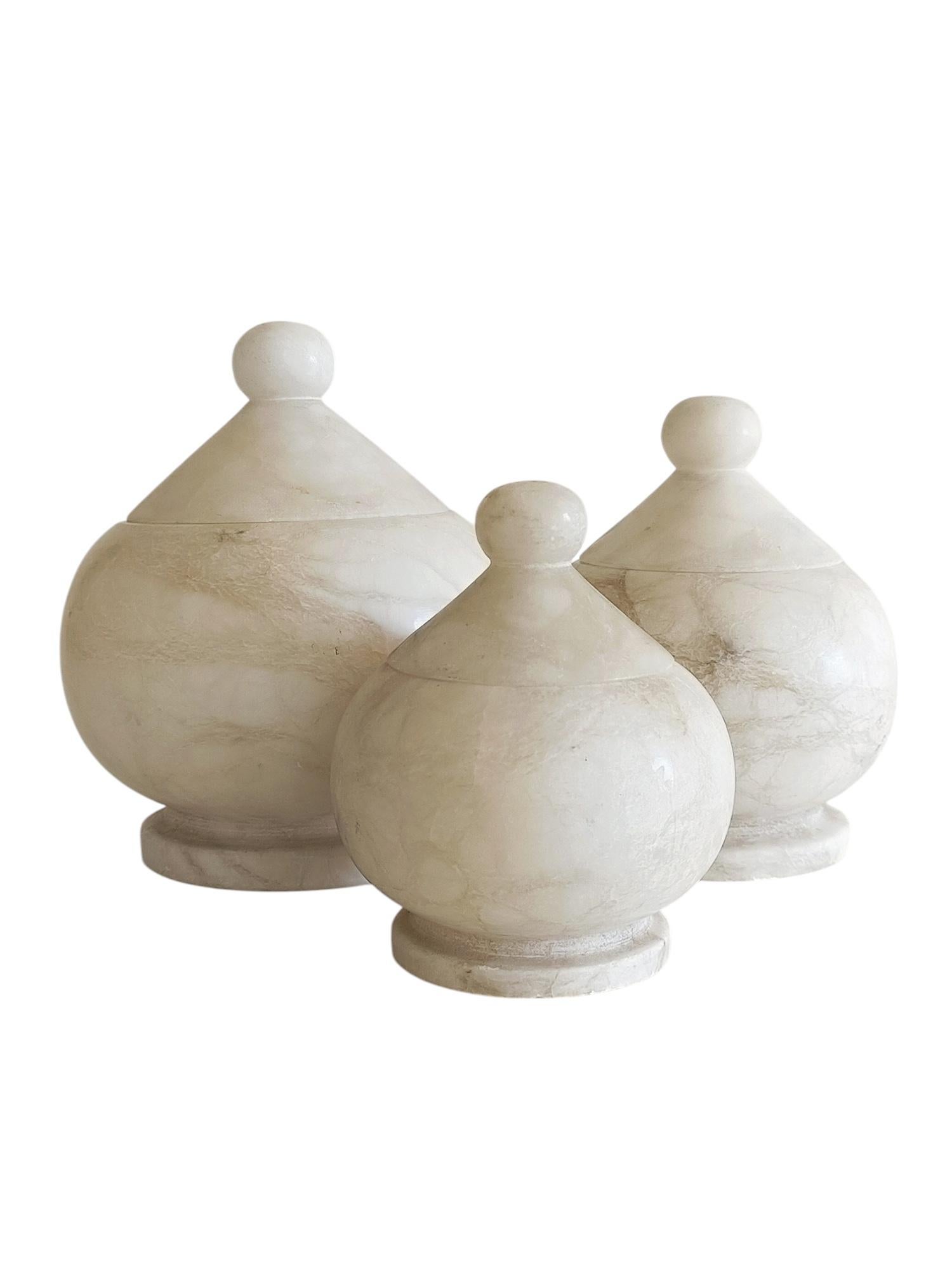 Spanish Art Deco Alabaster Set of Three Urns, Handmade in Spain ci. the 1930s