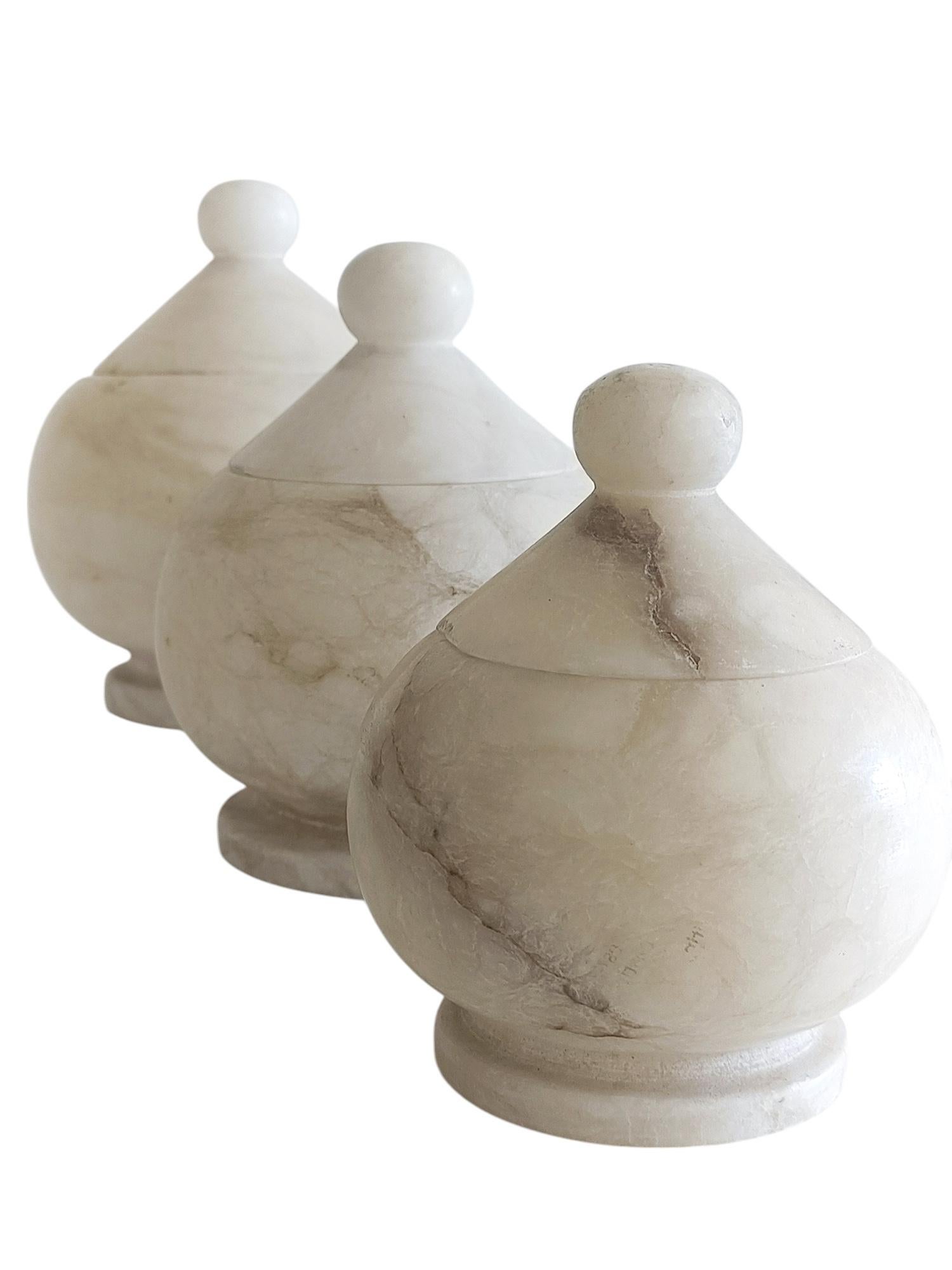 Art Deco Alabaster Set of Three Urns, Handmade in Spain ci. the 1930s 1