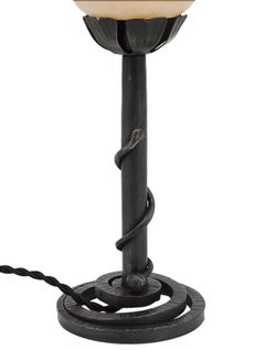 French Art Deco Alabaster & Snake Wrought-Iron Table Lamp, 1920