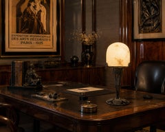 Art Deco Alabaster Table Lamp by Limousin, Wrought Iron Base, 1910s