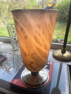 Art Déco Alabaster table lamp. Silvered bronze base. In the style of Ruhlmann.