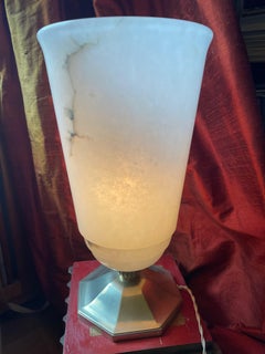 Art Déco Alabaster table lamp. Silvered Bronze base. In the style of Ruhlmann.