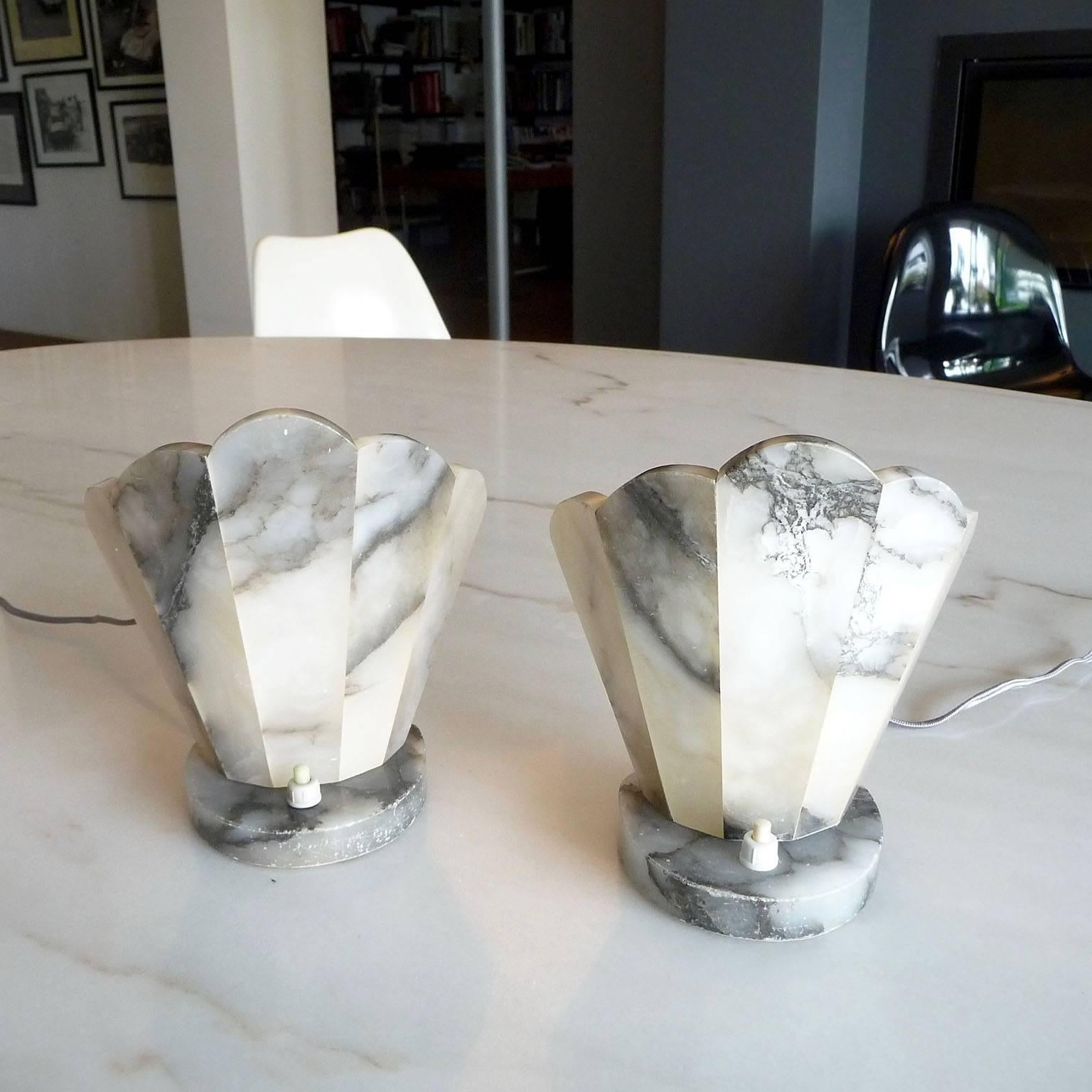 French Art Deco Alabaster Table Lamps, Bedside Lamps, France, circa 1930