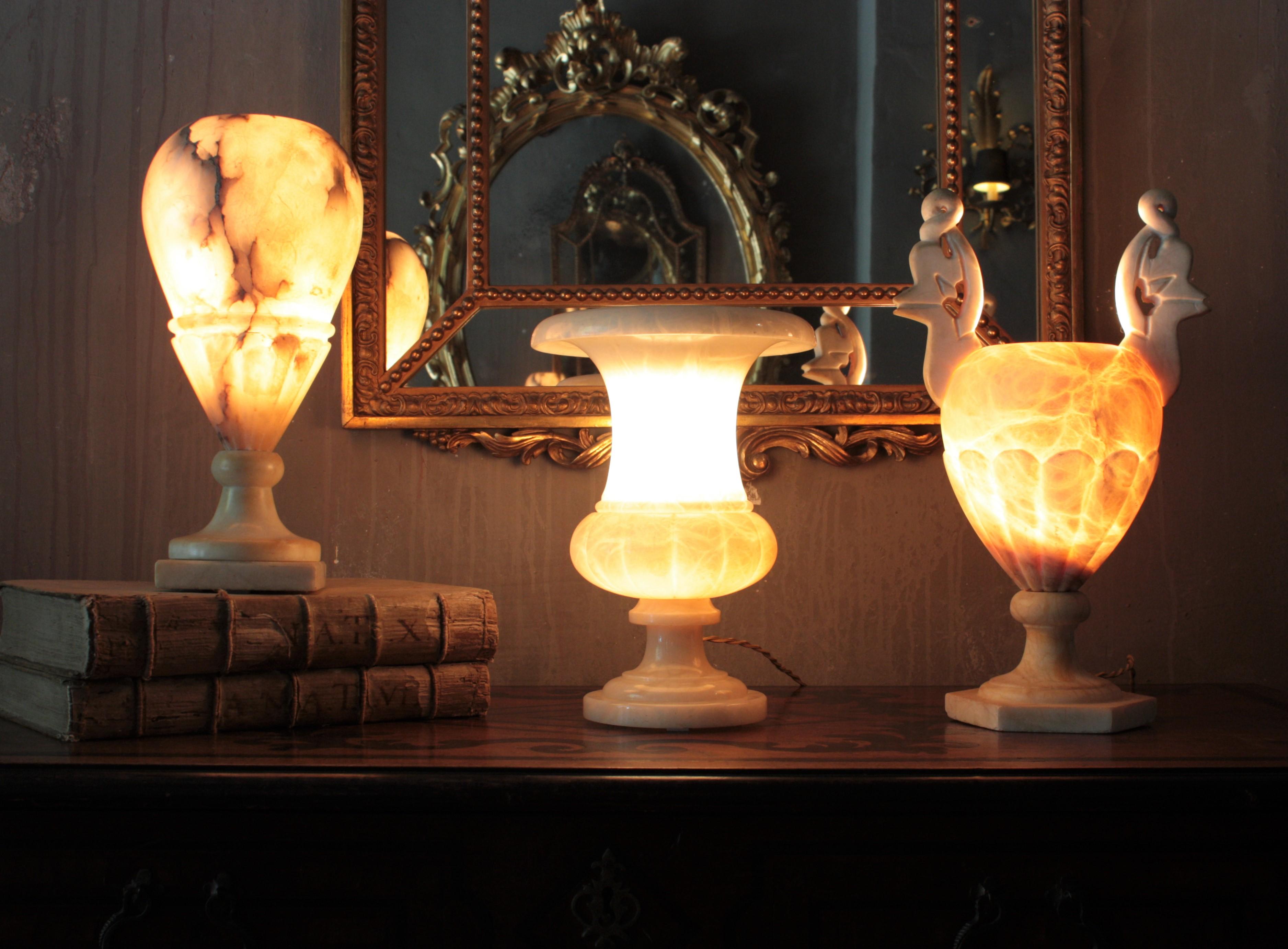 Carved Art Deco Alabaster Urn Lamp For Sale
