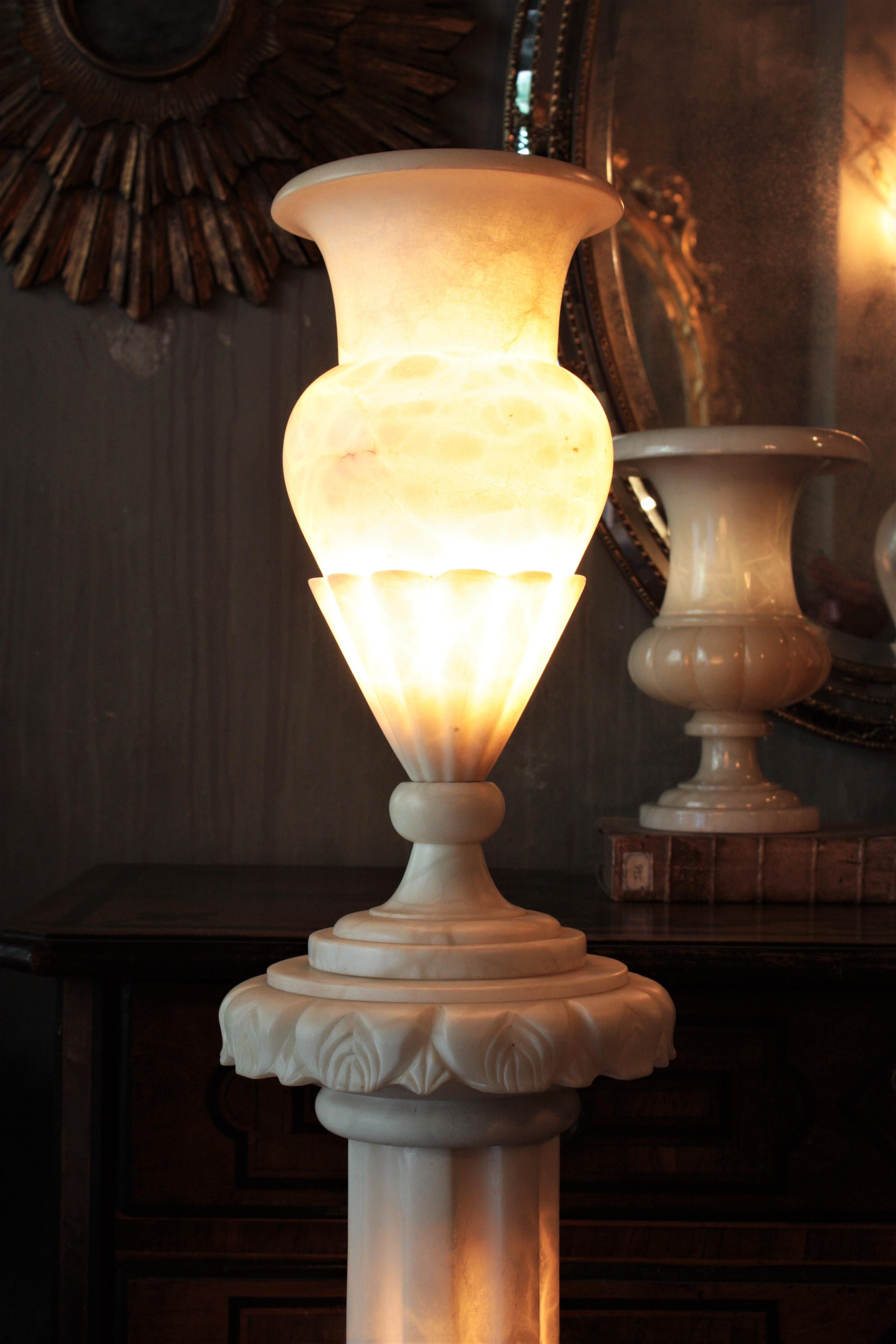 Hand-Carved Alabaster Neoclassical Urn on Column Pedestal Floor Lamp, Art Deco Period For Sale
