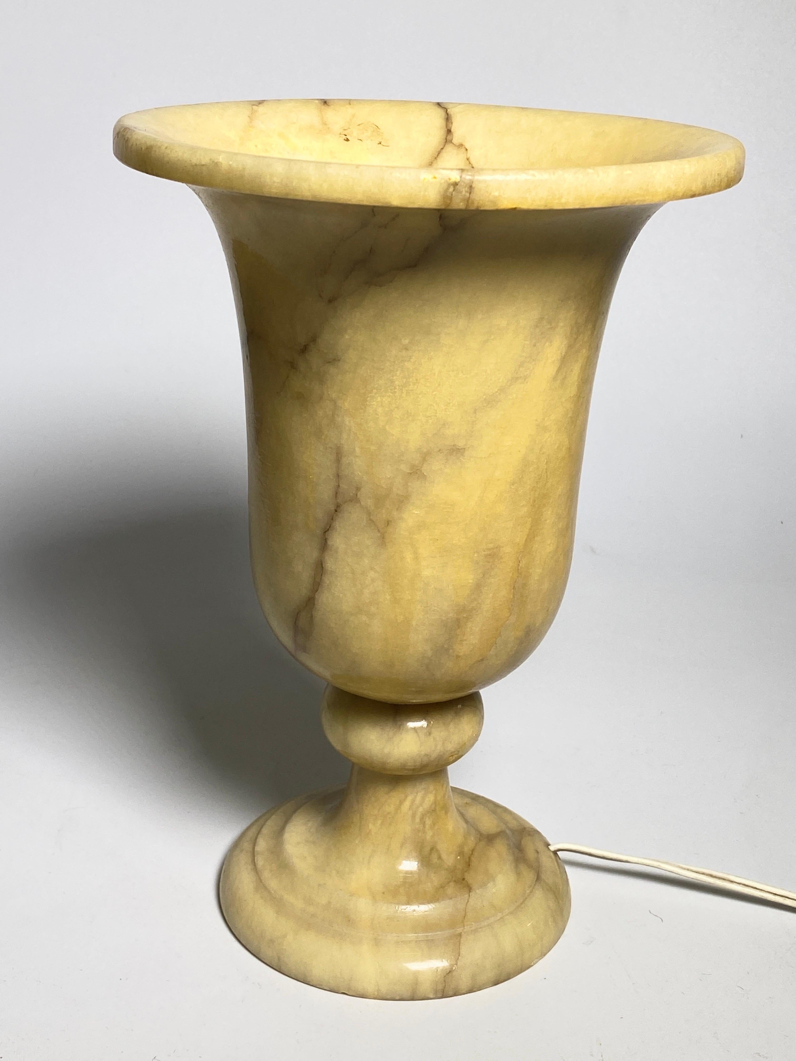 French Art Deco Alabaster Urn Uplighter Lamp, White and Yelow Color, France, circa 1940 For Sale