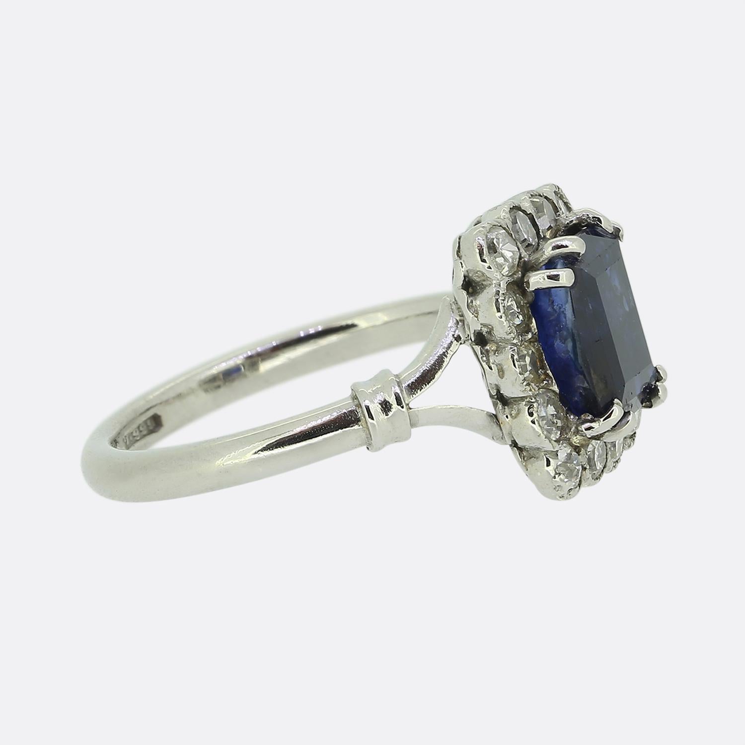 Emerald Cut Art Deco Alabaster & Wilson Sapphire and Diamond Cluster Ring For Sale