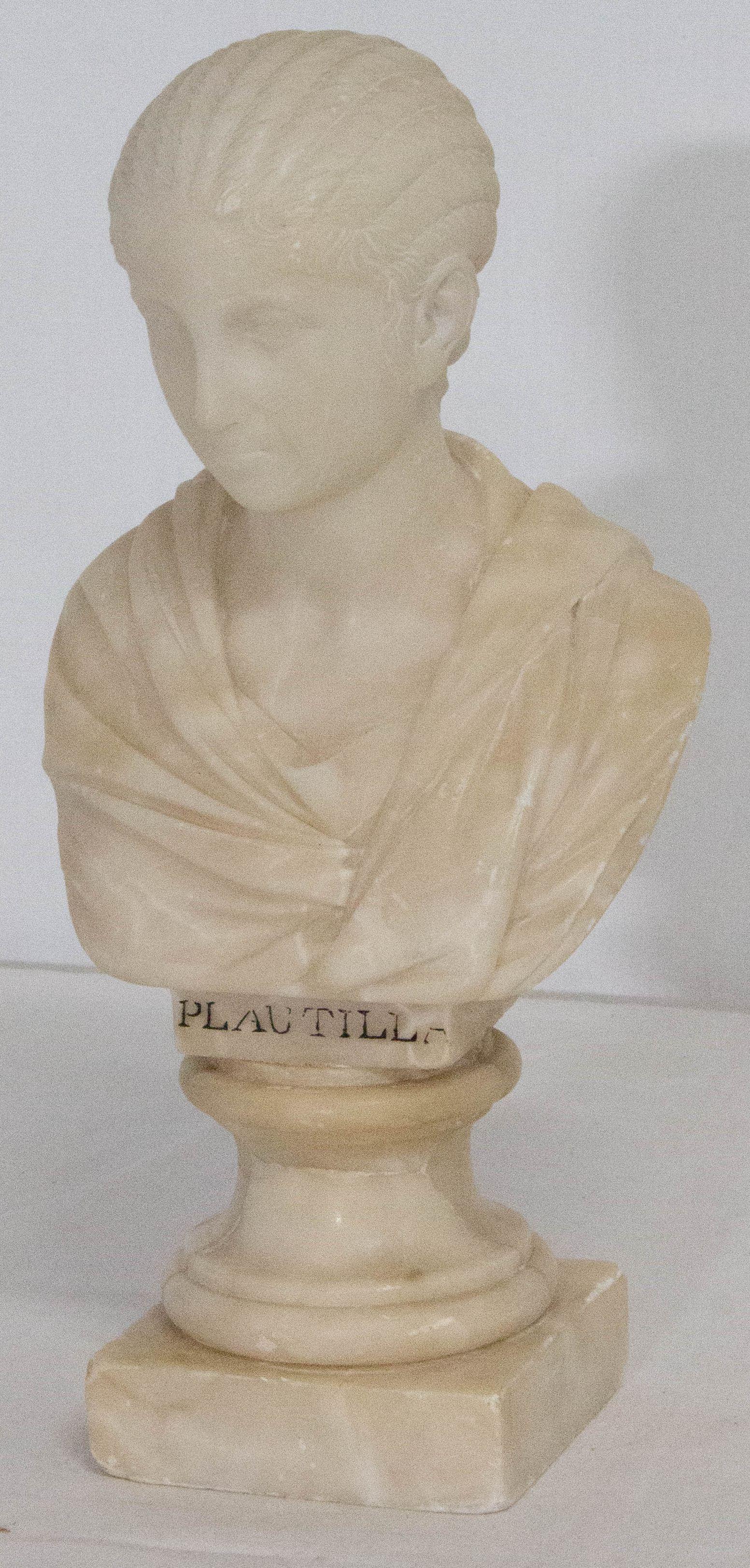 Arts deco neoclassic Plautilla alabaster bust, circa 1930
white alabaster marble
Handcrafted in the neoclassic style
Very good condition

For shipping: H 29 x W 13.5 x D 11.5 2.9 kg.