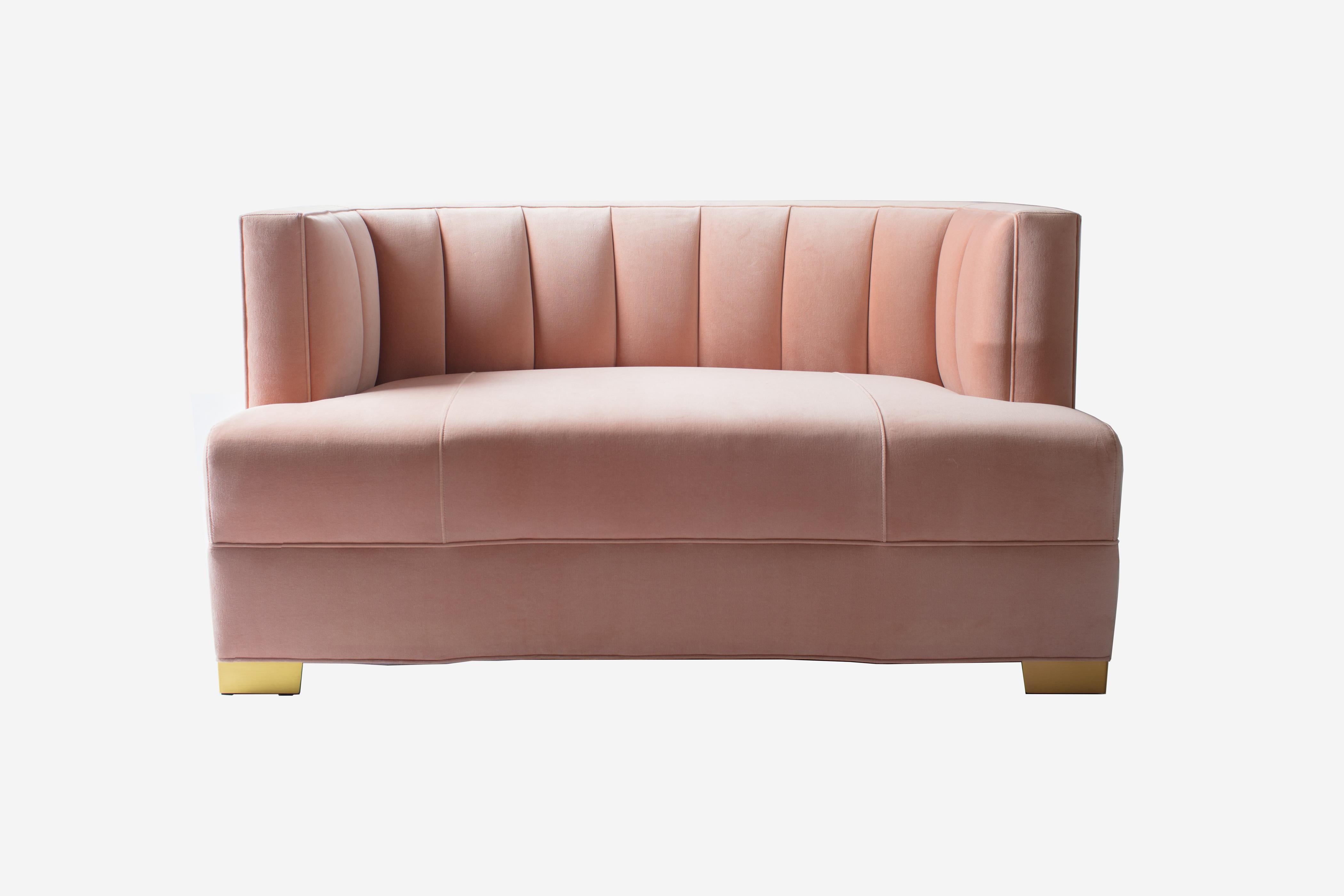 The Alessandra Loveseat is the epitome of beauty. Her contoured back and brushed brass legs add refinement and charm to any space. Pair with the oval Alessandra loveseat ottoman for a sophisticated duo. 

Shown in coral velvet with brushed brass