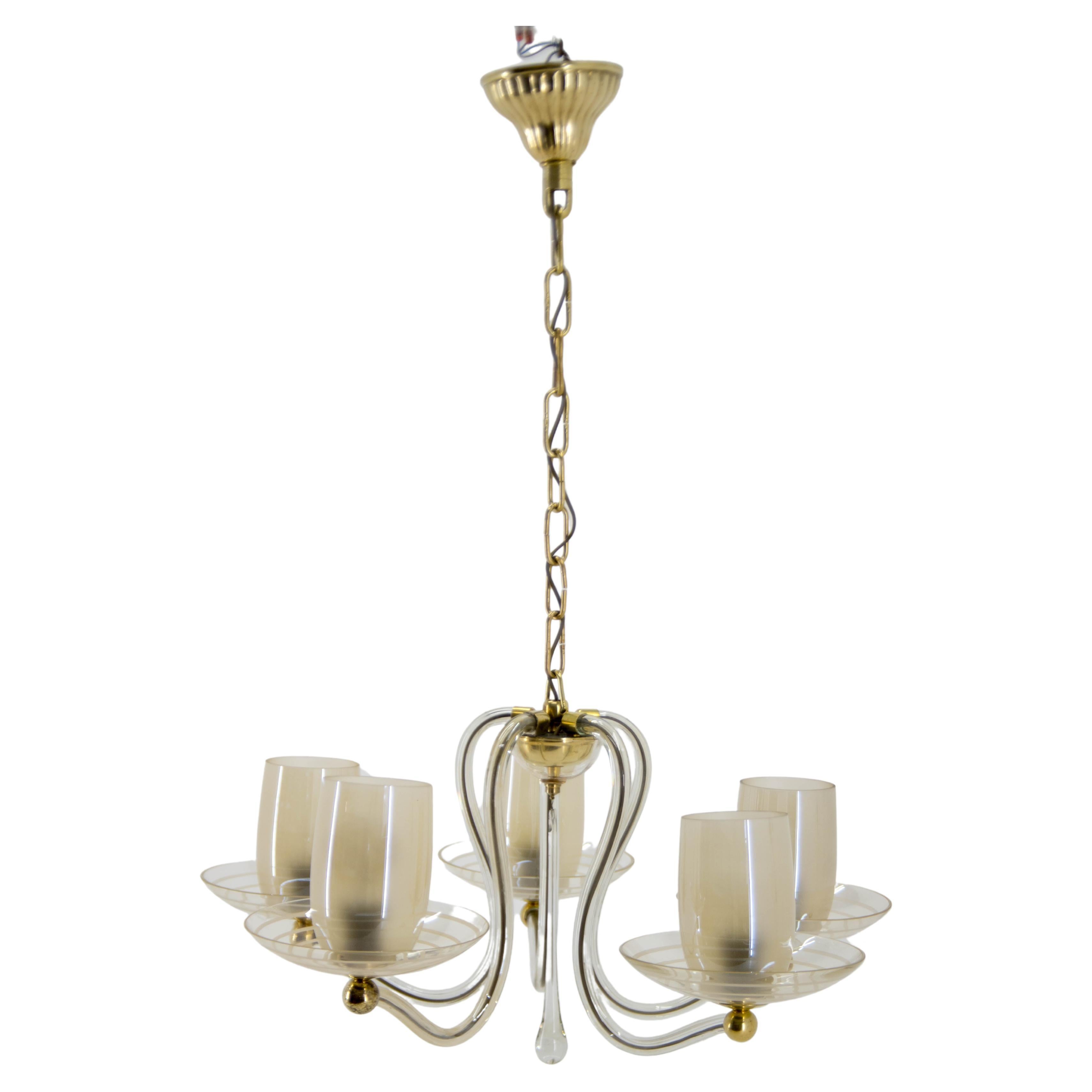 Lampadario Art Deco interamente in vetro, anni '30, restaurato