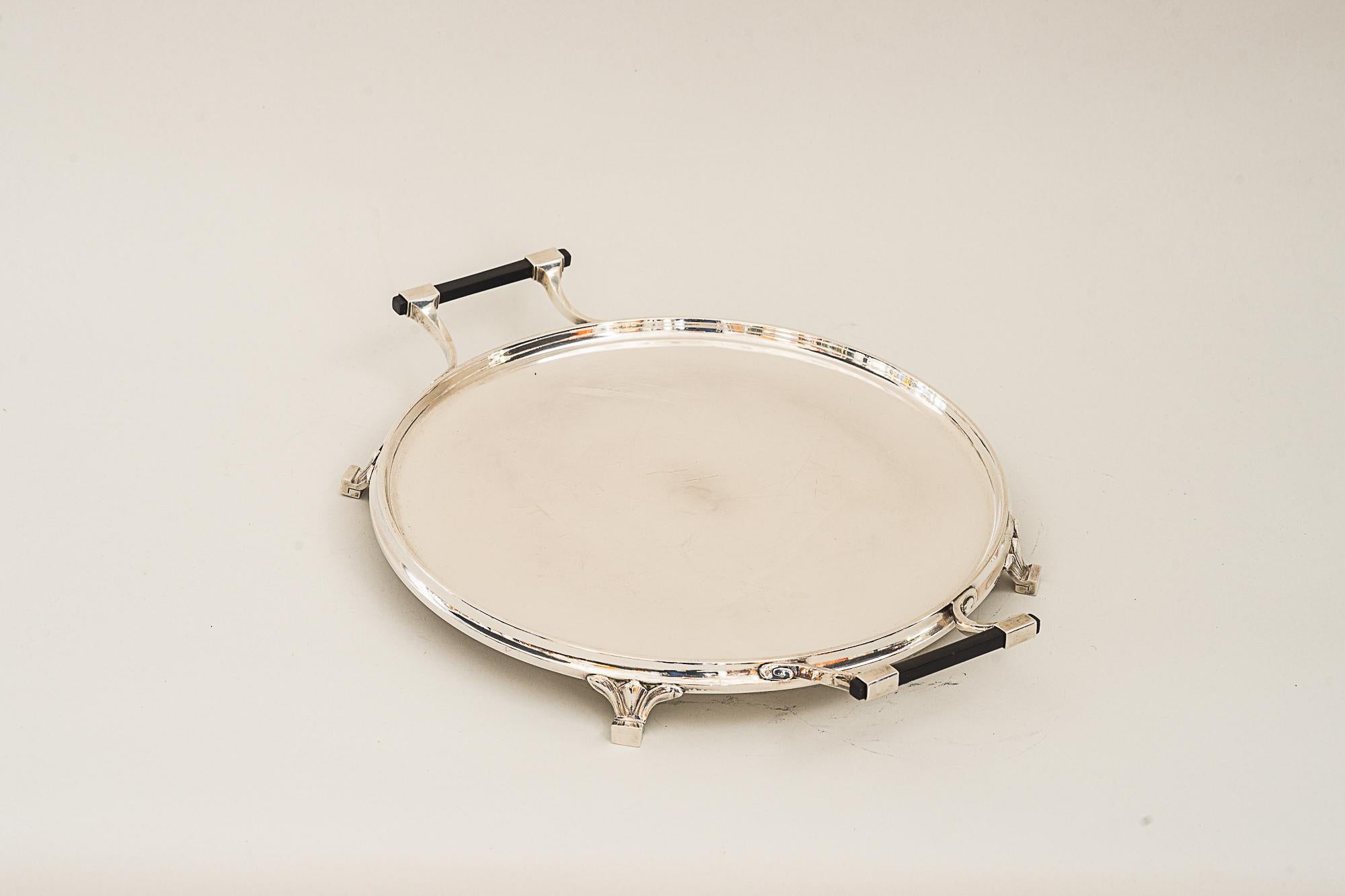 Art Deco alpaca silvering serving plate by berndorf vienna around 1920s 
Polished and stove enameled.