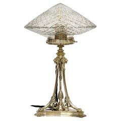 Antique Art Deco Alpaca Table Lamp with Cut Glass Shade Vienna Around 1920s