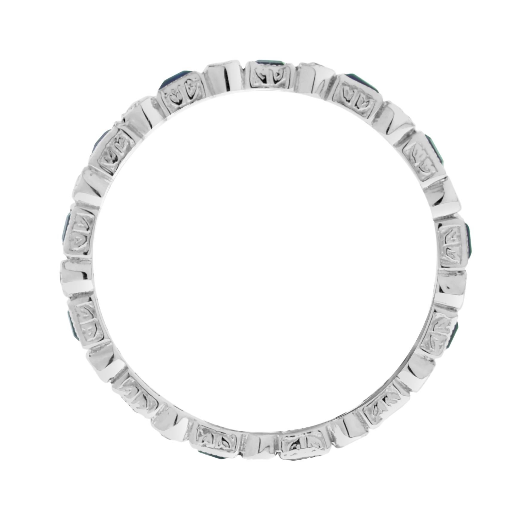 Brilliant Cut Art Deco Alternate Blue Sapphire & Diamond Eternity Band 14K White Gold Ring For Sale