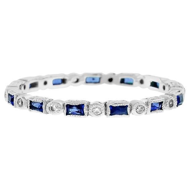Art Deco Alternate Blue Sapphire & Diamond Eternity Band 14K White Gold Ring For Sale