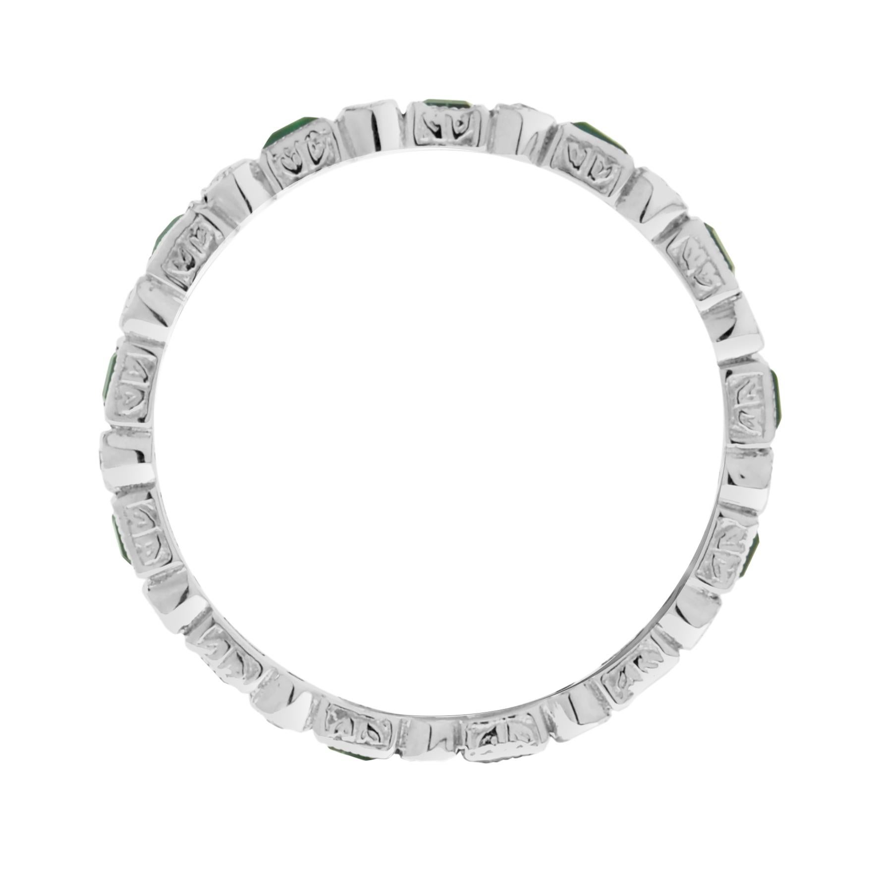 Brilliant Cut Art Deco Alternate Green Emerald & Diamond Eternity Band 14K White Gold Ring For Sale