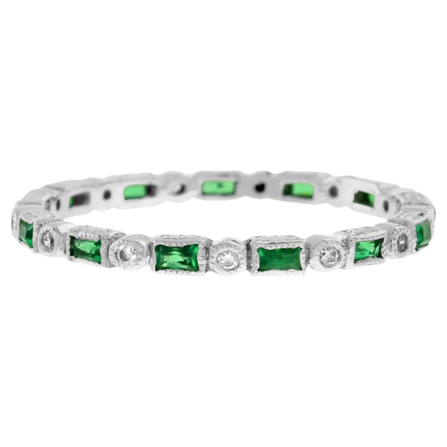 Art Deco Alternate Green Emerald & Diamond Eternity Band 14K White Gold Ring