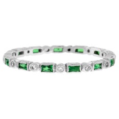 Art Deco Alternate Green Emerald & Diamond Eternity Band 14K White Gold Ring