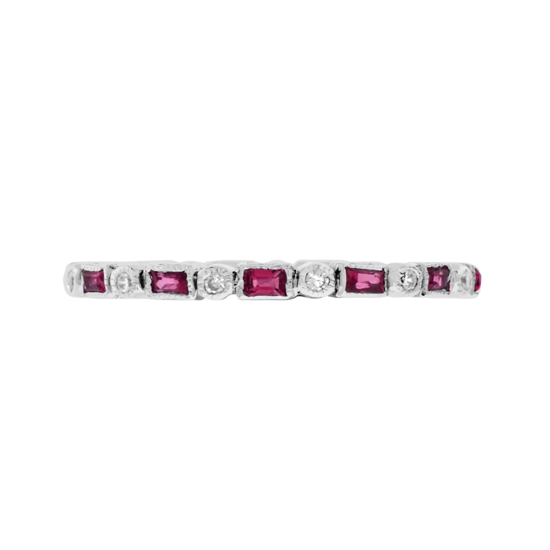 Inspired by the Art Deco period, this Aimée ring features 0.86 carats of alternate round brilliant cut diamonds and baguette ruby, elegantly framed by a millgrain edge. This yellow gold band is the perfect alternative wedding or eternity ring. The