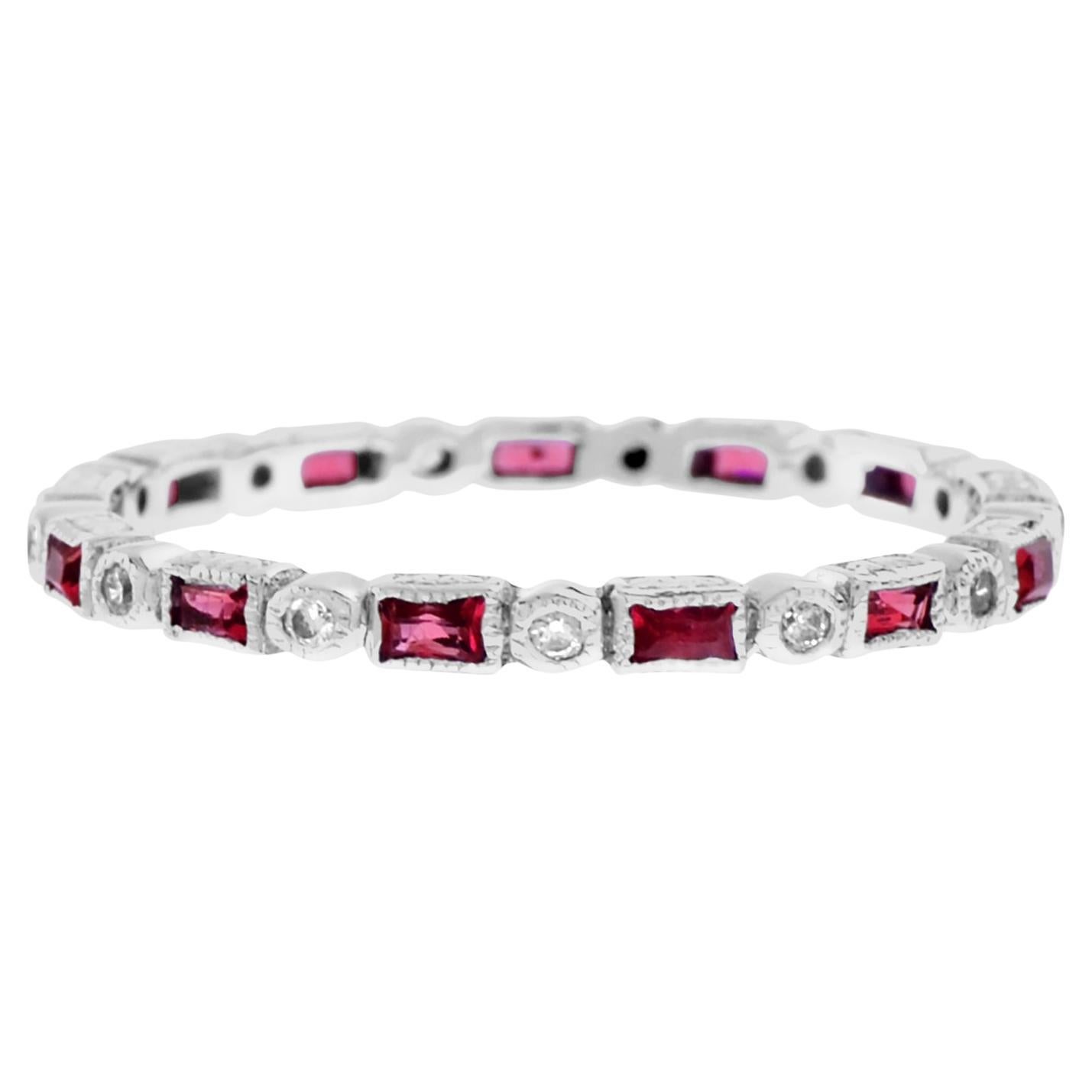 Art Deco Alternate Red Pink Ruby & Diamond Eternity Band 14K White Gold Ring