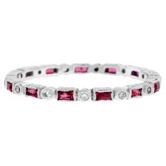 Art Deco Alternate Red Pink Ruby & Diamond Eternity Band 14K White Gold Ring