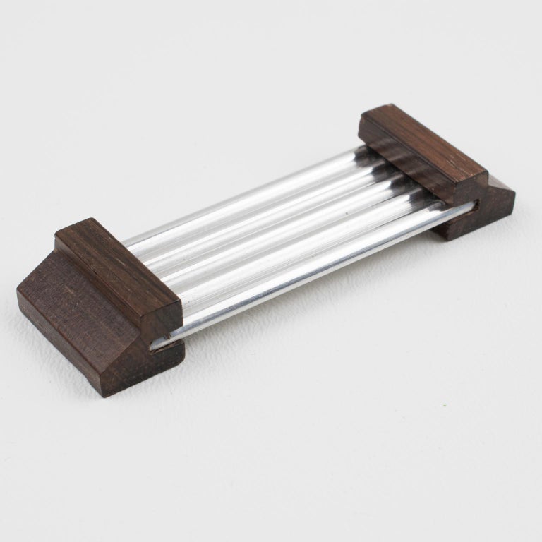 Art Deco Aluminum and Macassar Wood Chopstick Knife Rests, 12 pc in box
