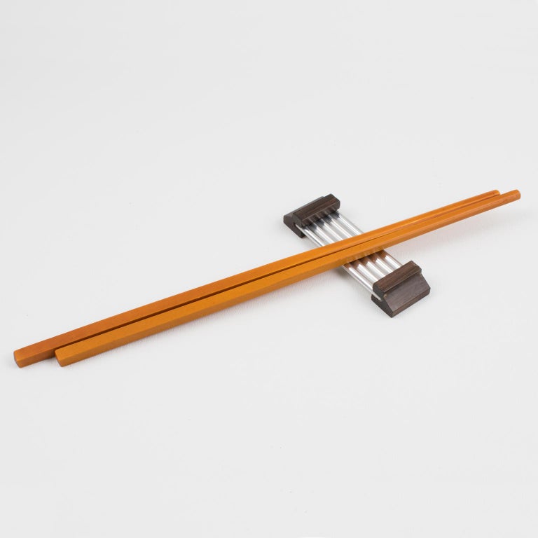 Art Deco Aluminum and Macassar Wood Chopstick Knife Rests, 12 pc in box