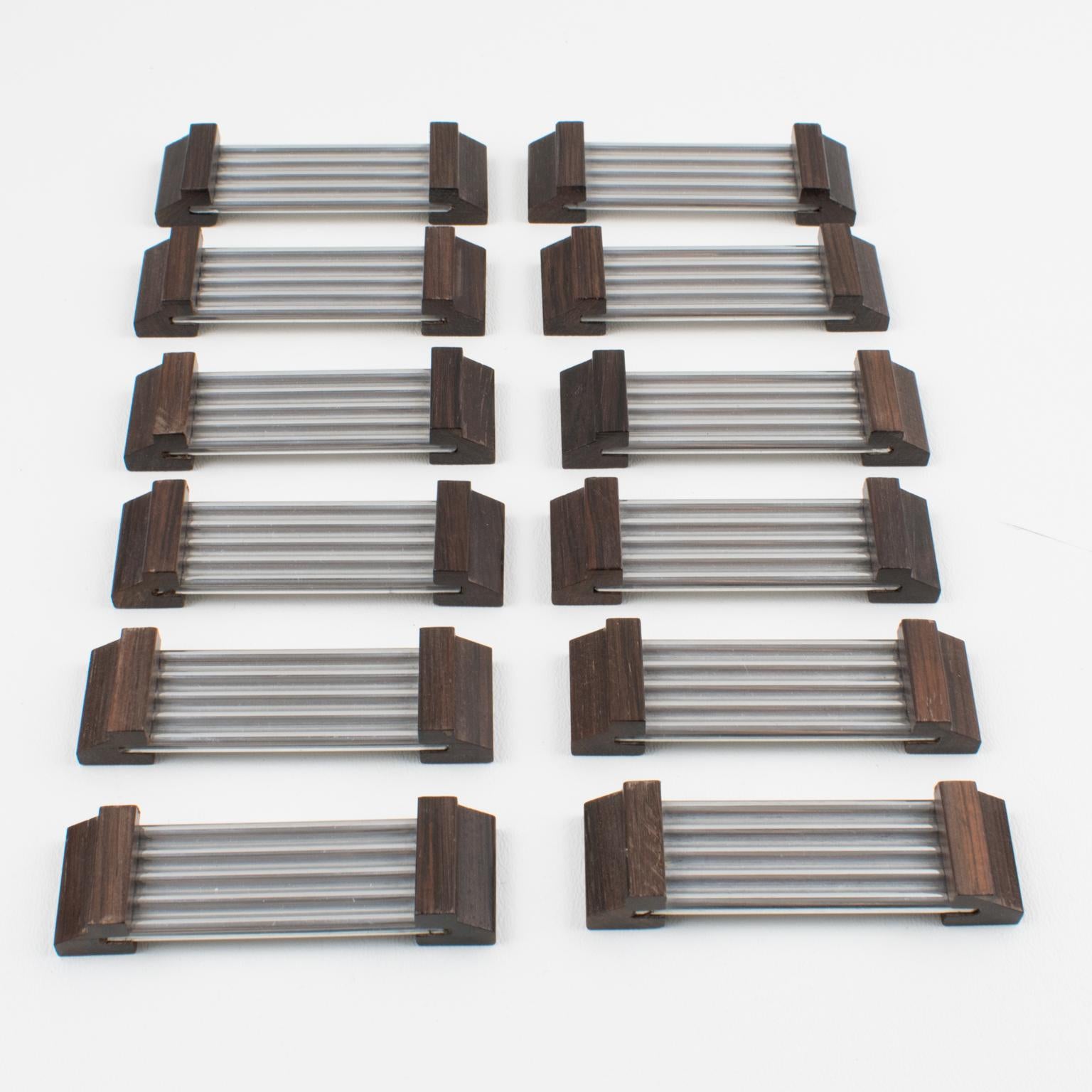 Milieu du XXe siècle Porte-couteaux à pinces Art Déco en aluminium et bois de macassar, 12 pièces dans leur boîte en vente