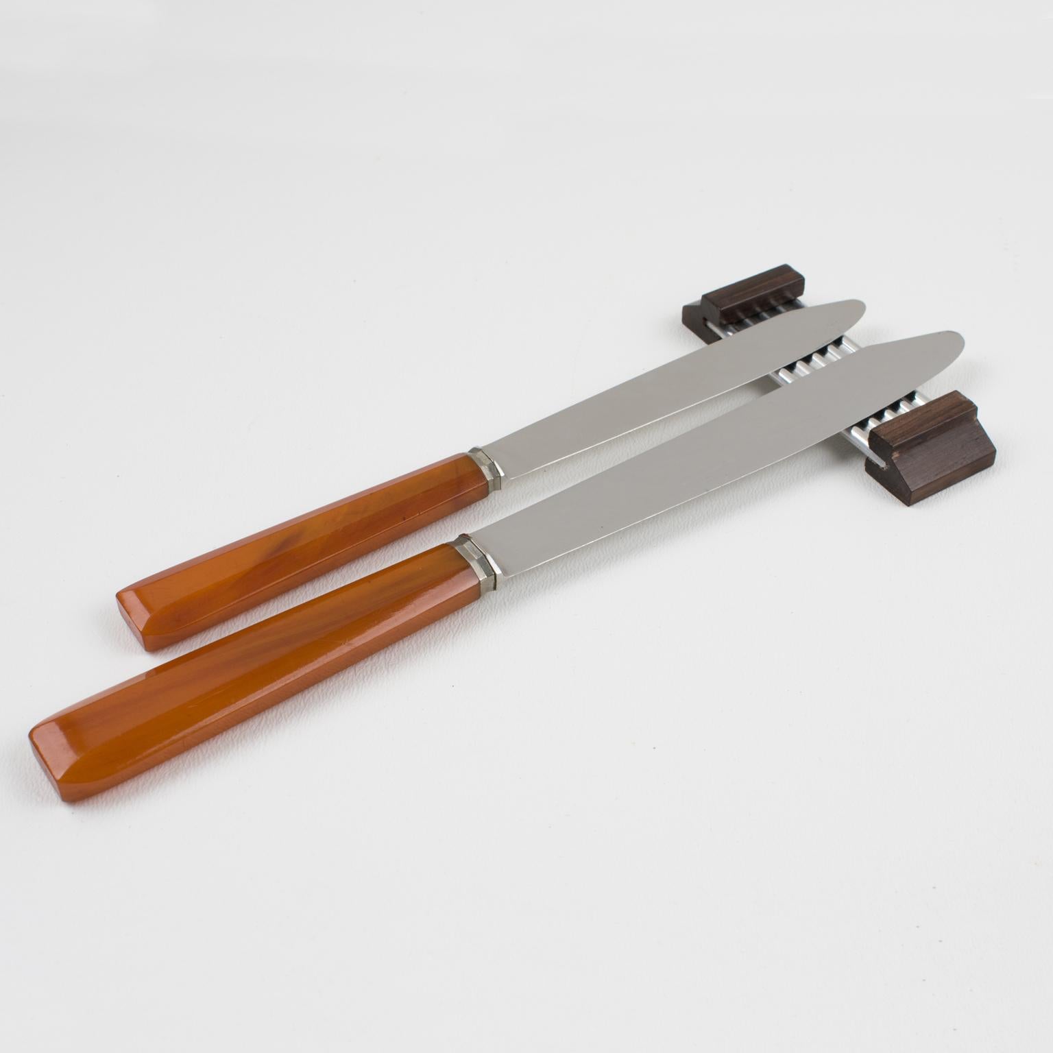 Porte-couteaux à pinces Art Déco en aluminium et bois de macassar, 12 pièces dans leur boîte en vente 1